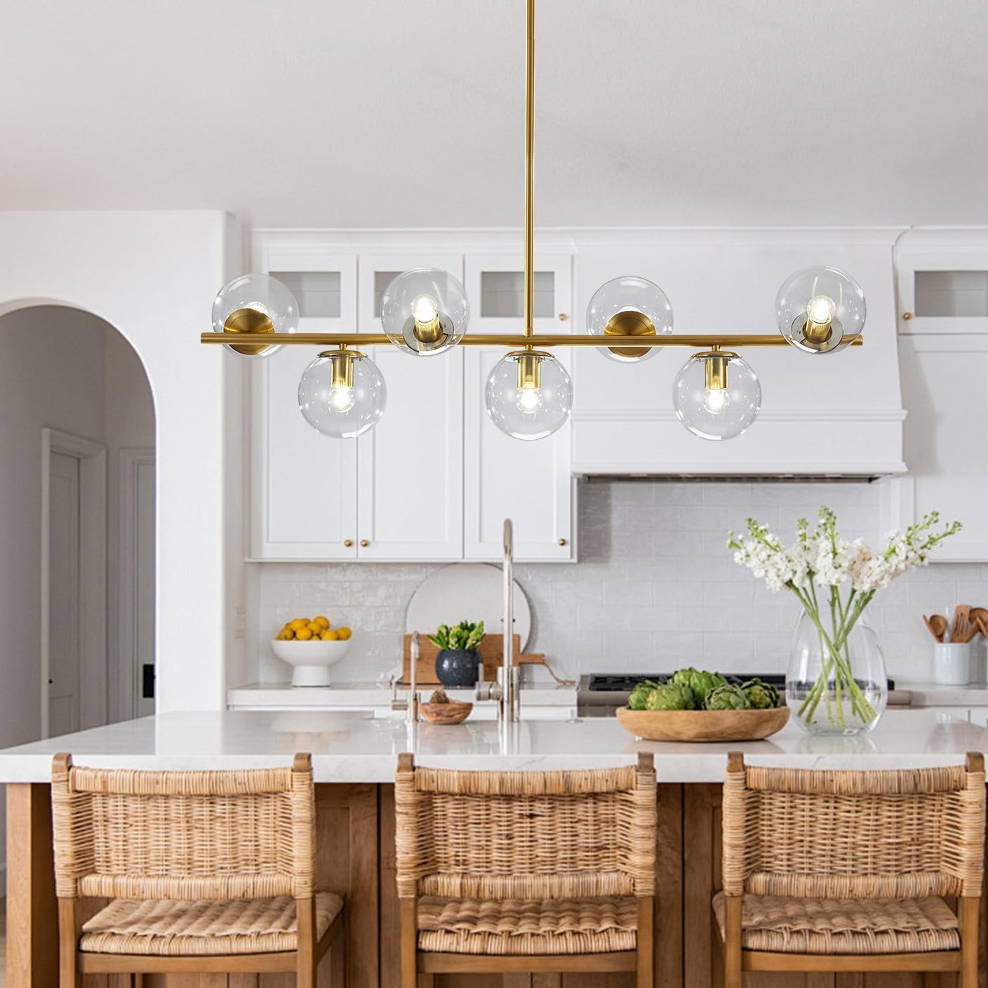 Moderne Esszimmerleuchte von KCO Lighting aus goldfarbenem Metall, Kücheninsel-Pendelleuchte aus weißem Glas, 7-flammig, E27, 80 cm höhenverstellbar