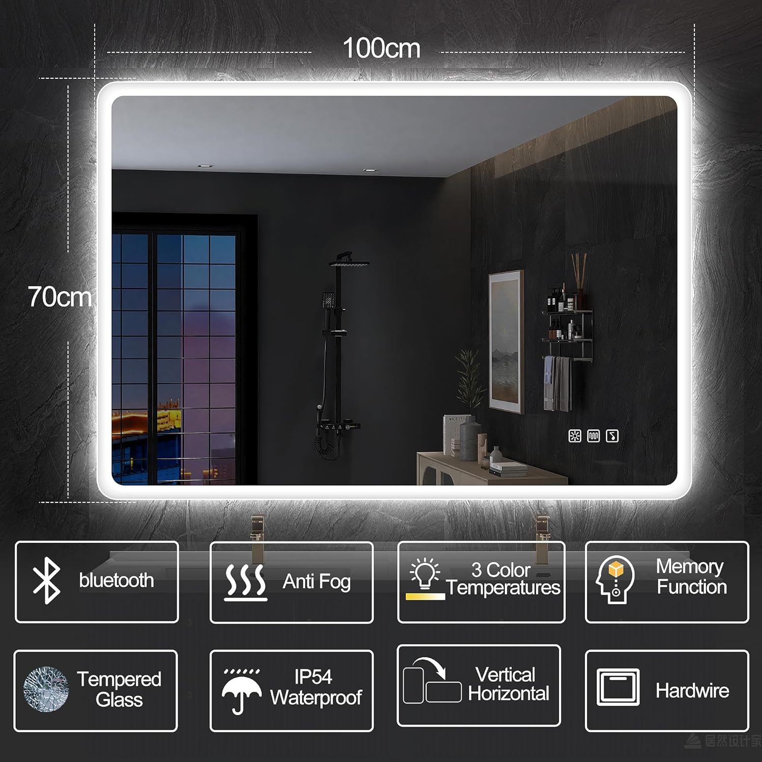 S'bagno badeværelsesspejl med lys 1200x700mm, IP44 - badeværelsesspejl med LED og Bluetooth, antidugfunktion / 3 lysfarver (3000K, 4000K, 6500K) / Dæmpbar / Memory, lodrette eller vandrette badeværelsesspejle med LED