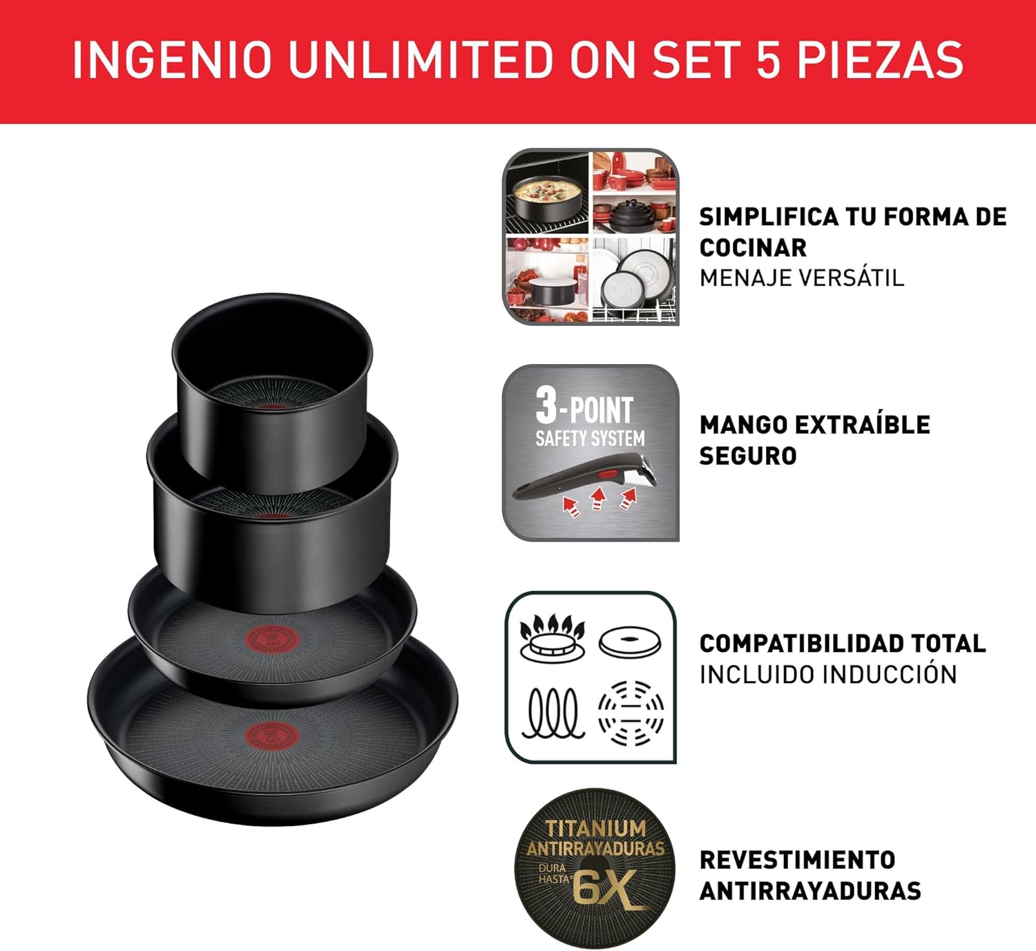 Tefal Ingenio Unlimited On – 3er-Set Töpfe (16/18/20 cm) + abnehmbarer Griff | Induktionsgeeignet, antihaftbeschichtet, mit Titanbeschichtung, Thermo-Signal, PFOA-frei, spülmaschinen- und ofenfest