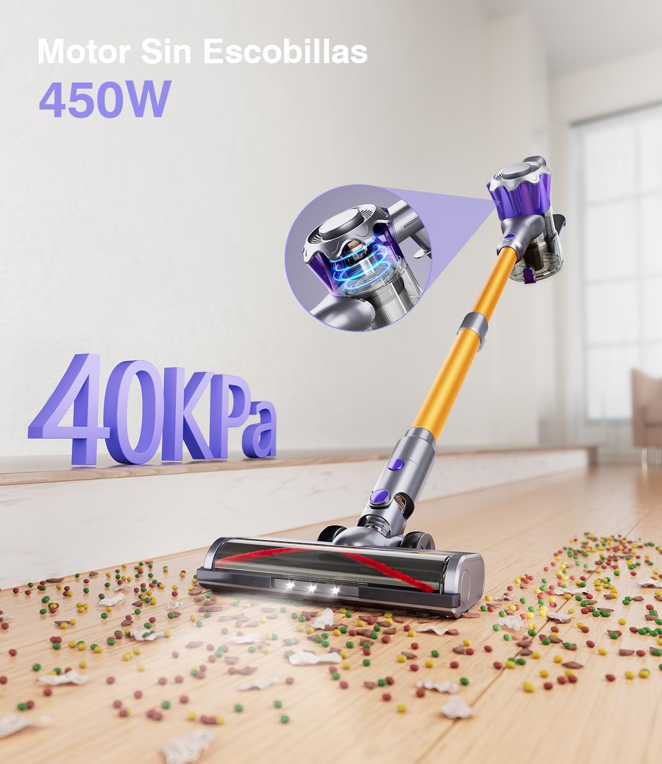 Tdyon Akku-Staubsauger 40 kPa/450 W, leistungsstark bis zu 50 Minuten, mit Smart-Display und Anti-Verwicklungs-Bürste, für Teppiche, Tierhaare, Böden und Sofas [Energieeffizienzklasse A+++]