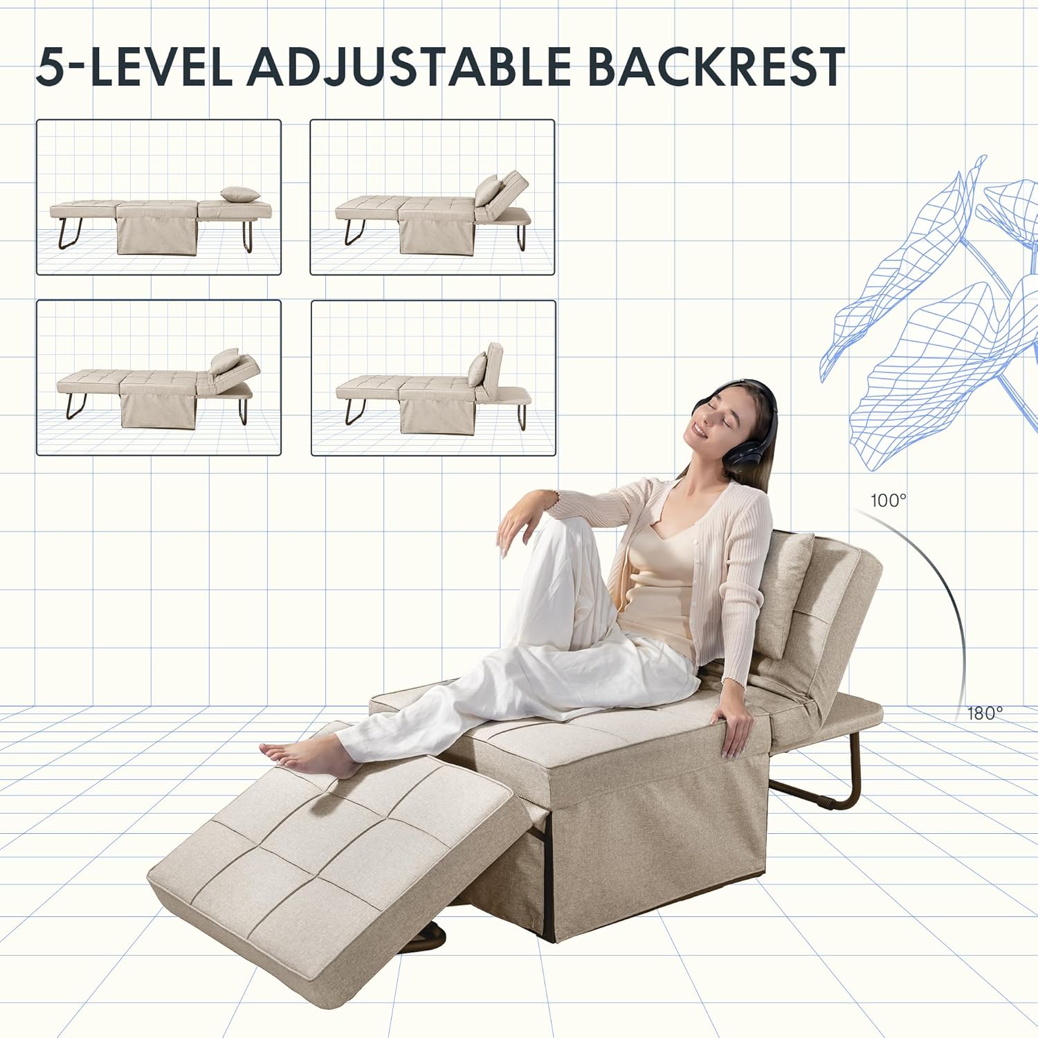 FLEXISPOT Schlafsofa, ausziehbarer Klappsessel mit Bettfunktion, Schlaffunktion, wandelbarer Schlafsessel, Belastbarkeit 300 kg, Grau