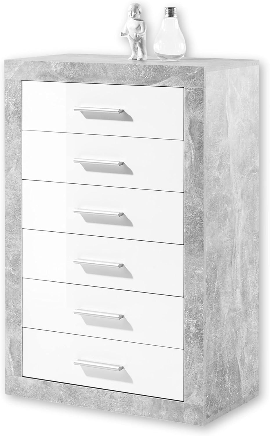 STONE Große Vitrine mit Betonoptik und hochglänzendem Weiß, moderne Vitrine mit LED-Beleuchtung und viel Stauraum, 92 x 194 x 37 cm (B x H x T)