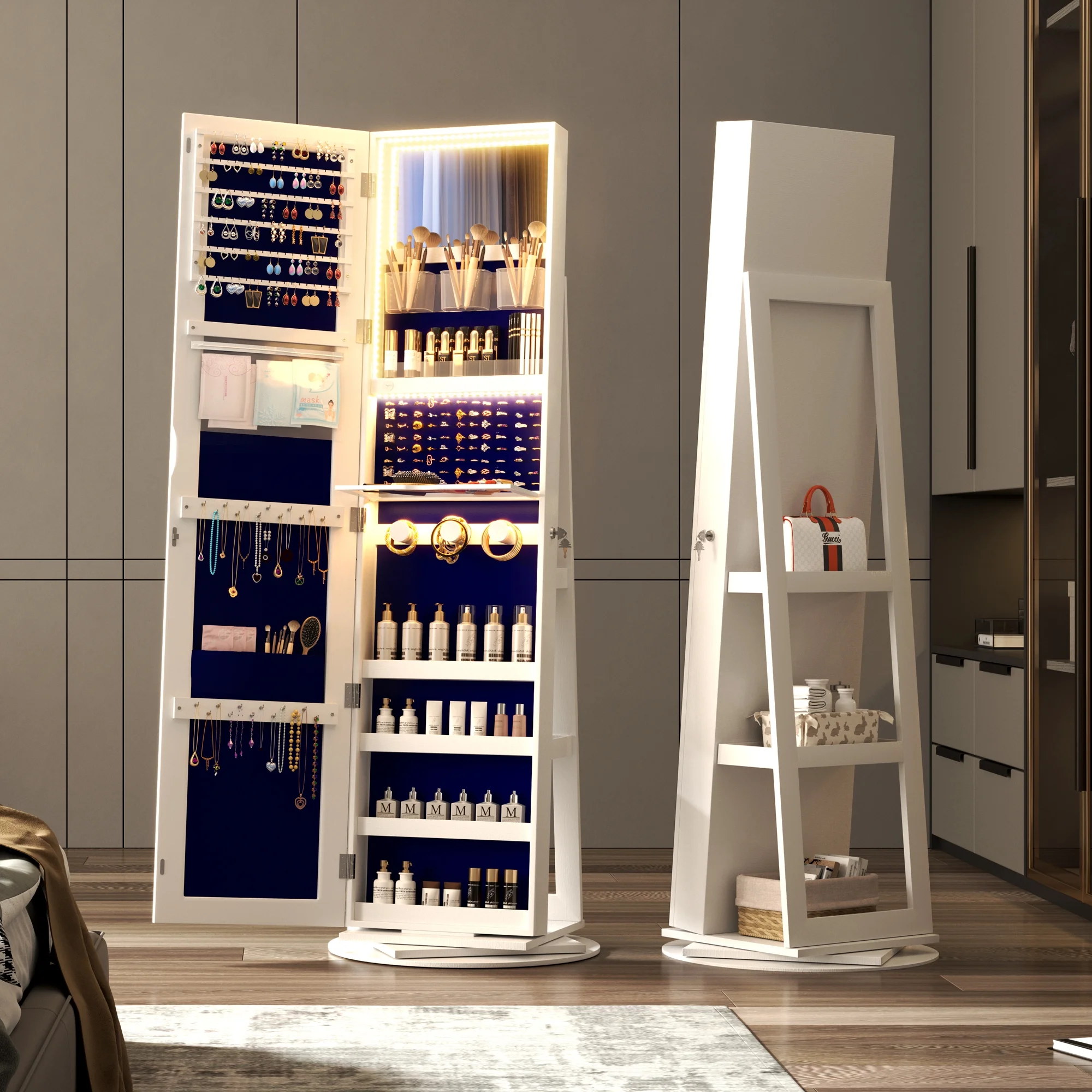 LVSOMT Roterende smykkeskrin med LED-lys og spejl i fuld længde: Stilfuld 360° opbevaring