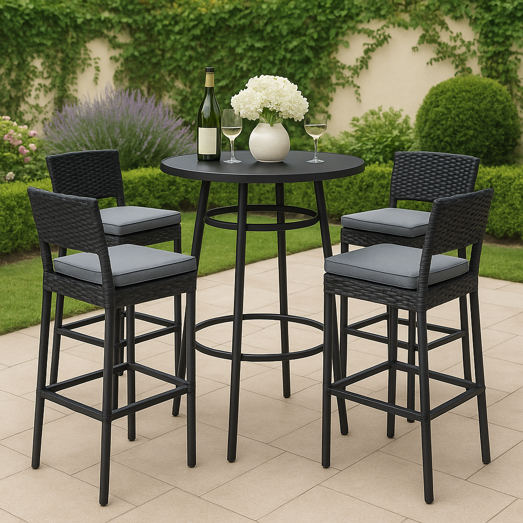 Ensemble bar table et tabourets en rotin synthétique noir pour extérieur 75x106 cm