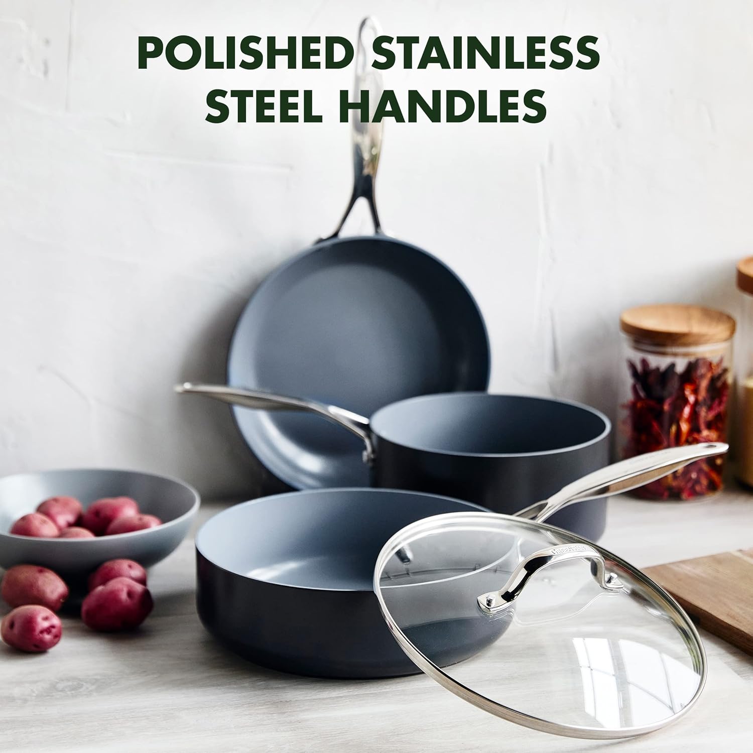 GreenPan Valencia Pro 11-teiliges Kochgeschirr-Set, gesunde, antihaftbeschichtete, hart eloxierte Keramik, inklusive Bratpfannen, Fritteuse, Töpfen und Deckeln, PFAS-frei, induktionsgeeignet, spülmaschinen- und ofenfest, Grau