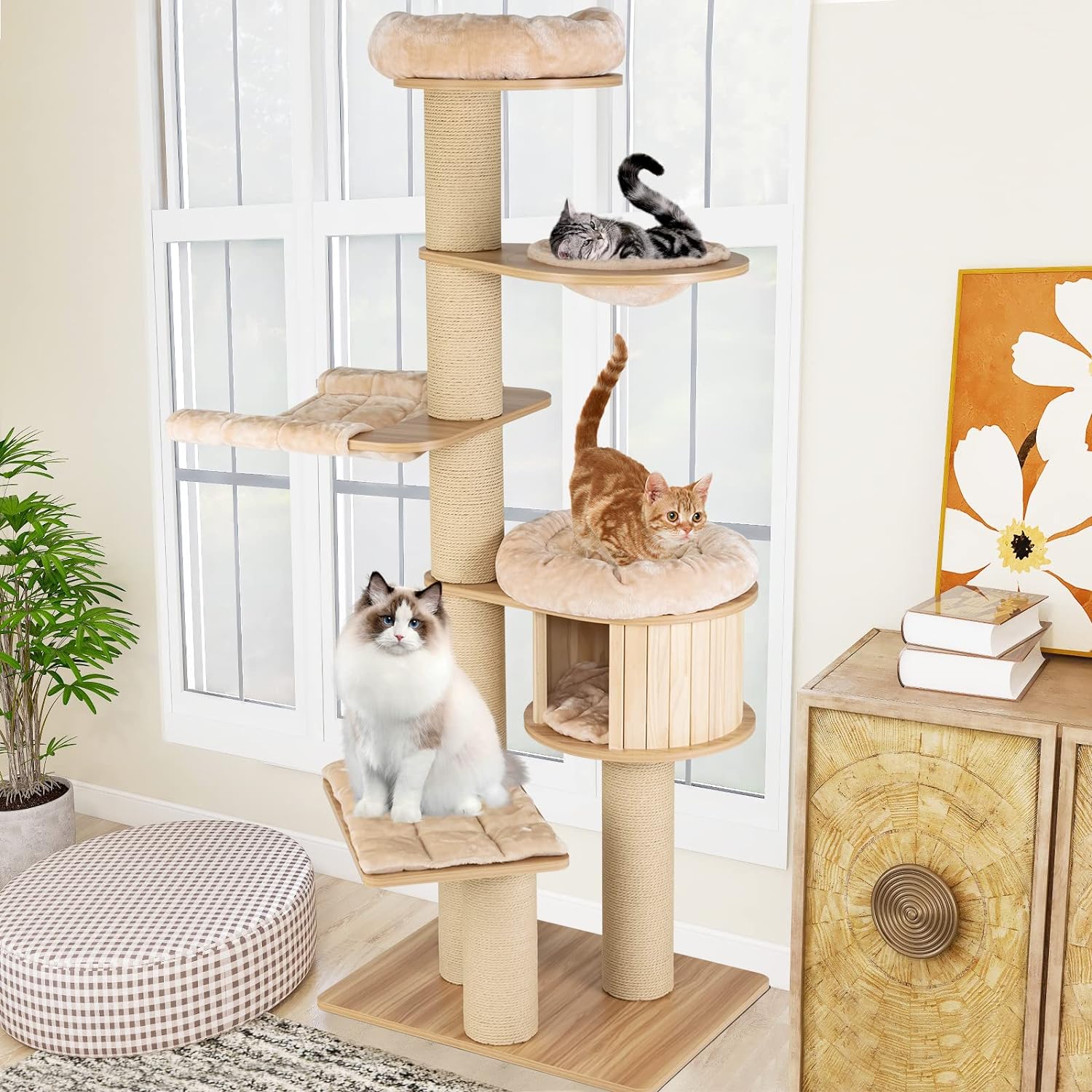Grand arbre à chat, tour à plusieurs niveaux avec poteau en sisal, hamac, panier suspendu et tapis amovibles et lavables, parfait pour les grands chats