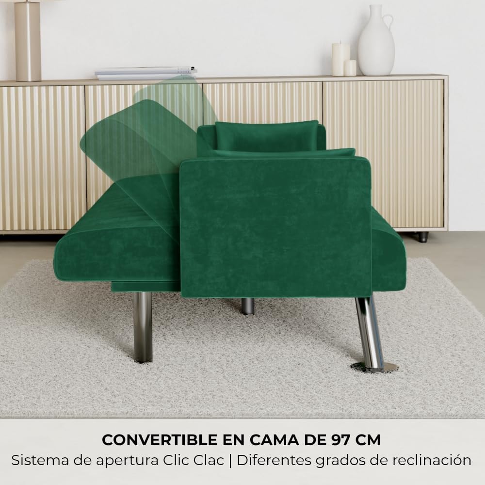 Nalui – Gepolstertes 3-Sitzer-Schlafsofa 210 x 80 x 79 cm, einlagig, 2 Kissen, Klick-Klack-Öffnungsmechanismus mit verstellbarer Rückenlehne. Samt-Chaiselongue-Schlafsofa, umwandelbar in ein Doppelbett | Beige