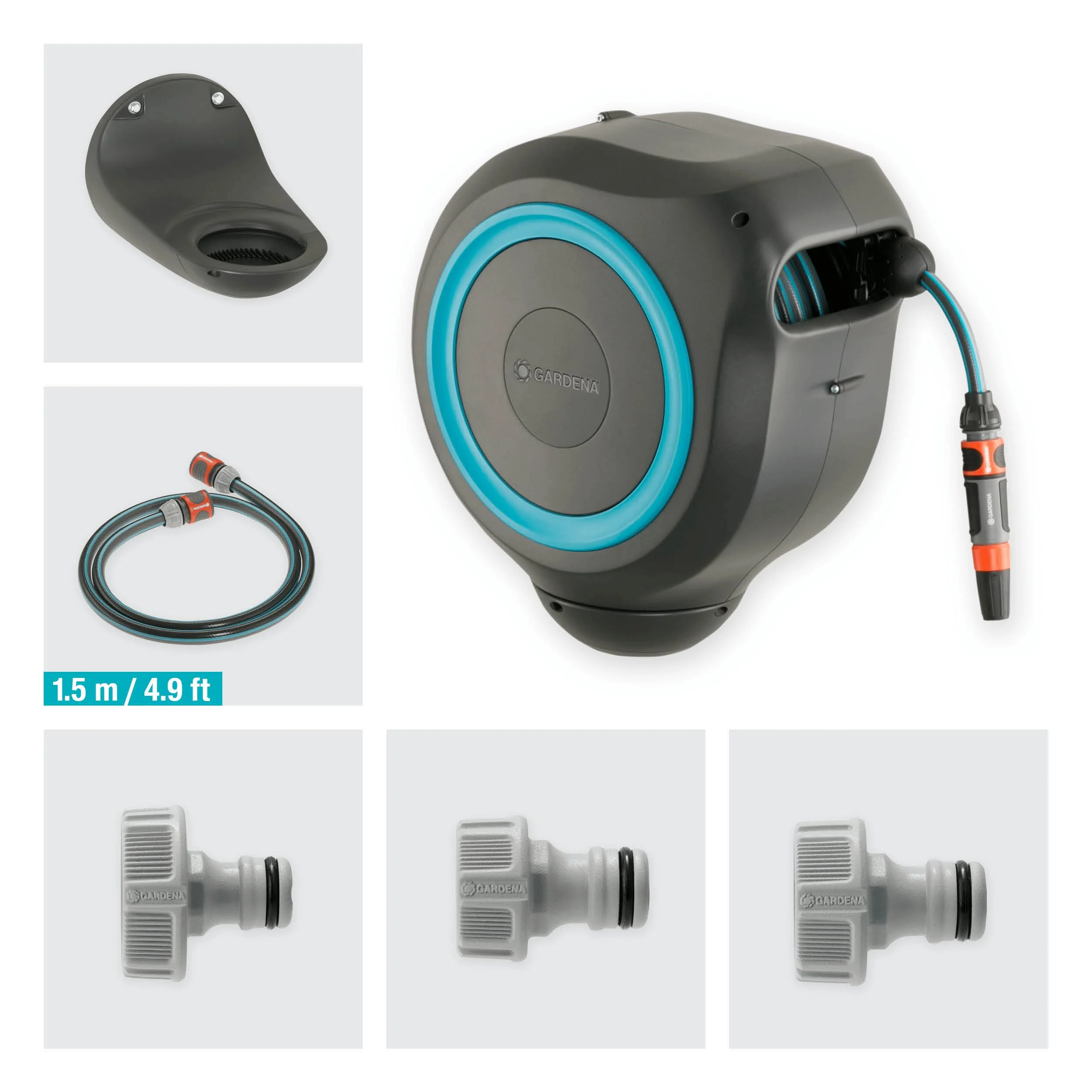 Gardena RollUp M Wand-Schlauchaufroller (Türkis), 20 m: Flexible Bewässerung für mittelgroße Gärten. Drehtrommel. Mit Wandhalterung, Systemzubehör und Sprühgerät. Inklusive 20 m Schlauch (18610-20).