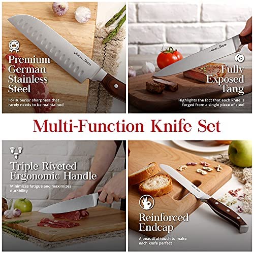 Hochwertiges 19-teiliges Küchenmesserset mit Holzblock | Master Maison Besteckset aus deutschem Edelstahl mit Messerschärfer und 8 Steakmessern