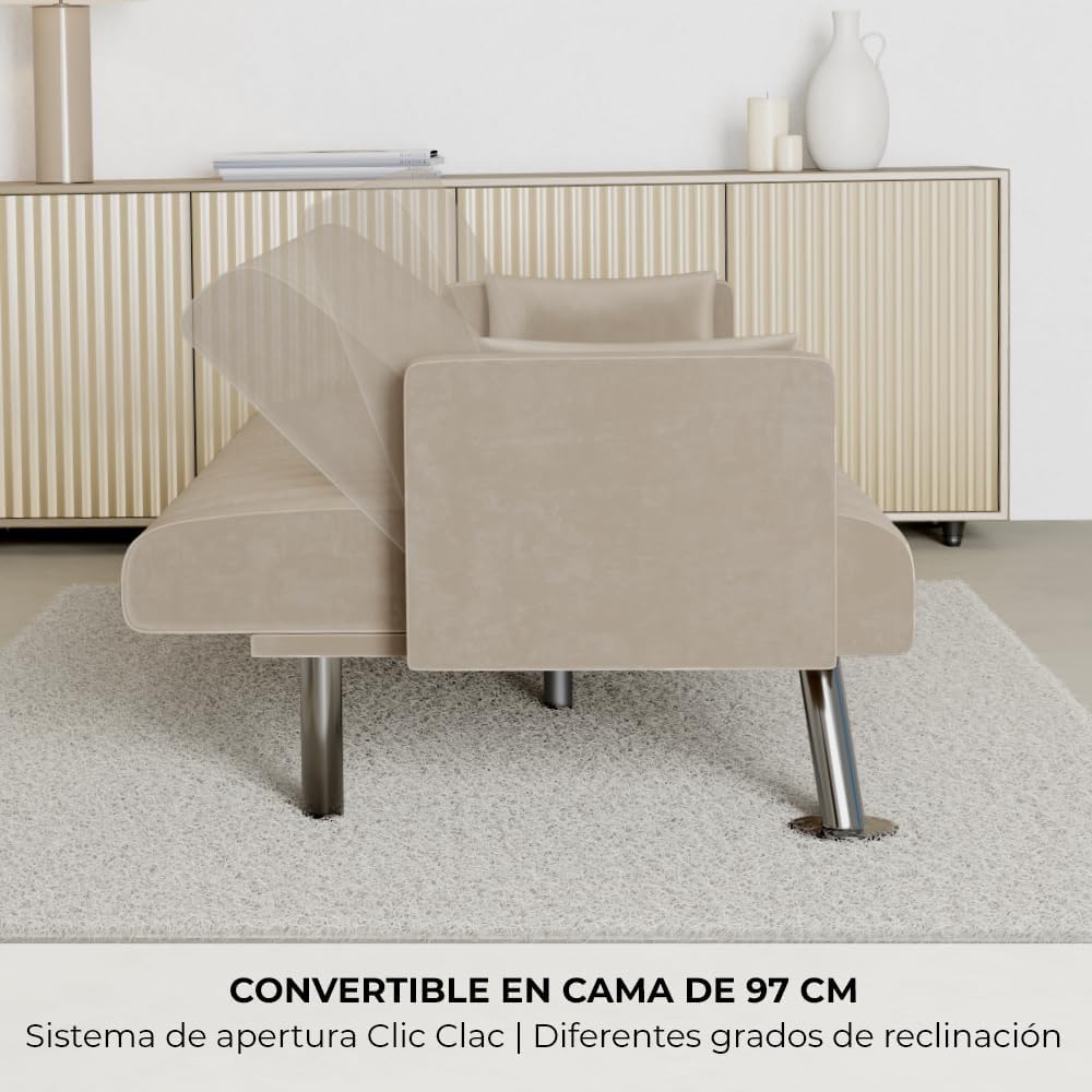 Nalui – Gepolstertes 3-Sitzer-Schlafsofa 210 x 80 x 79 cm, einlagig, 2 Kissen, Klick-Klack-Öffnungsmechanismus mit verstellbarer Rückenlehne. Samt-Chaiselongue-Schlafsofa, umwandelbar in ein Doppelbett | Beige