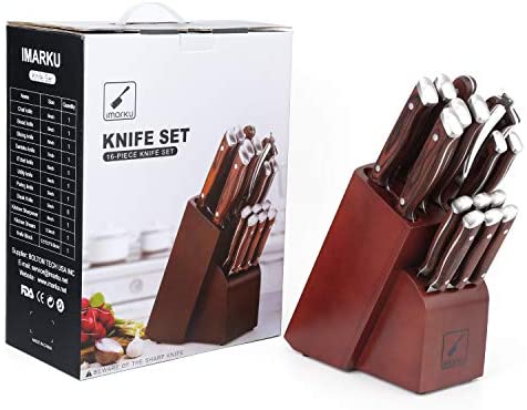 Japanisches Messerset, imarku Professional 16-teiliges Küchenmesserset mit Block, Kochmesserset mit Wetzstahl, deutscher Kohlenstoffstahl
