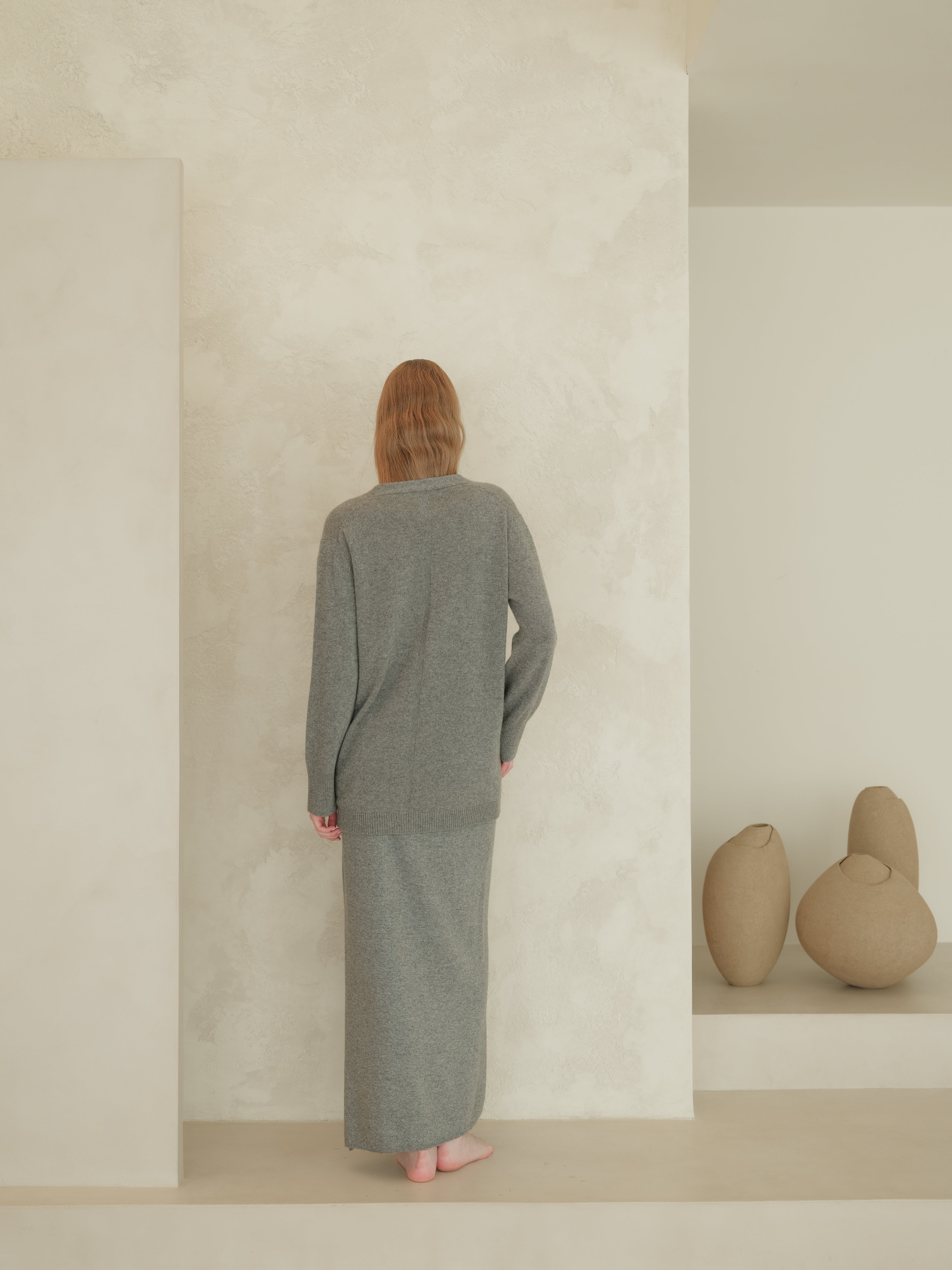 Cashmere Blend High-Waist Long Skirt With Side Slit (3D-Knit)