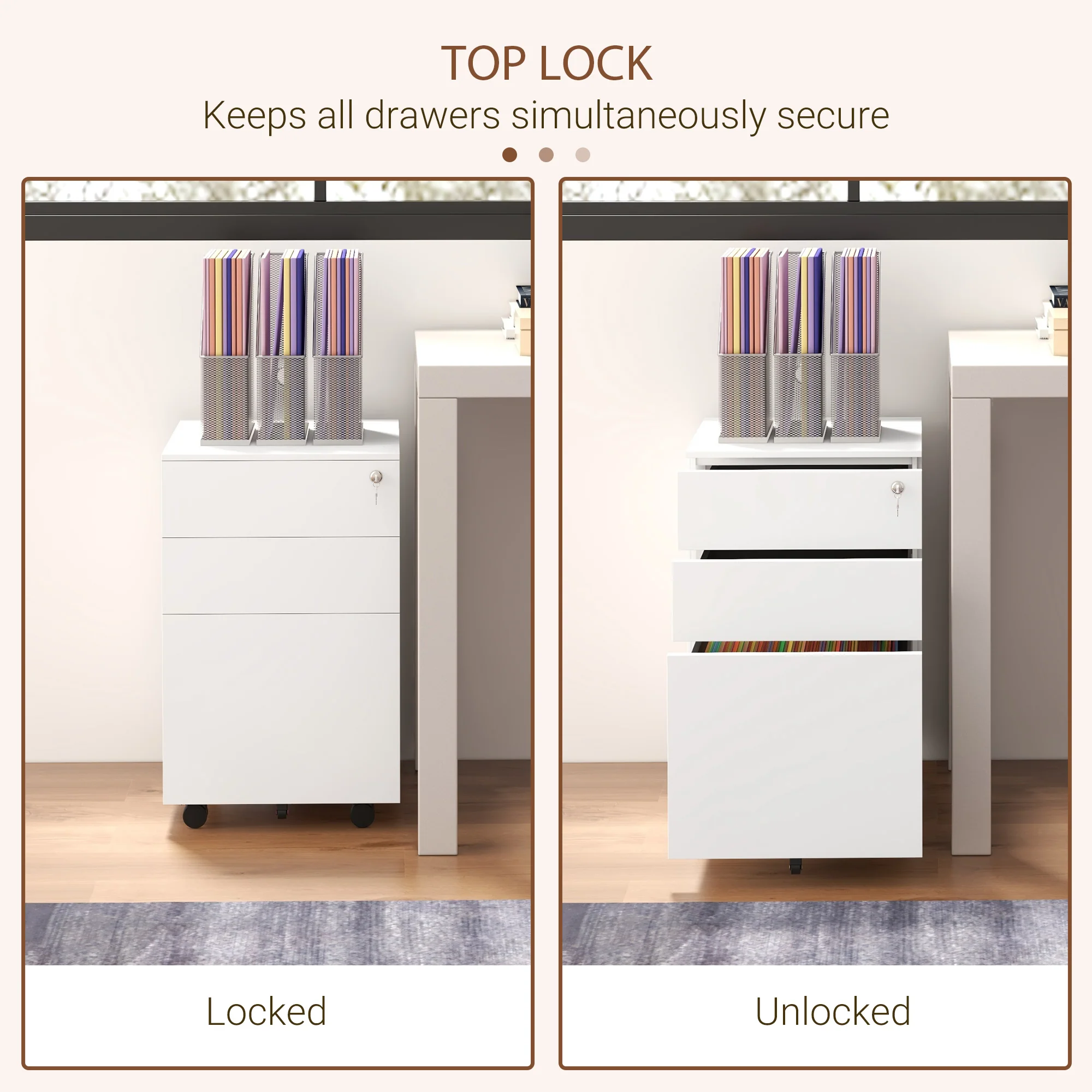 Mobilt arkivskab med 3 skuffer og blyantbakke. Arkivskab i stål med lås. Hvidt