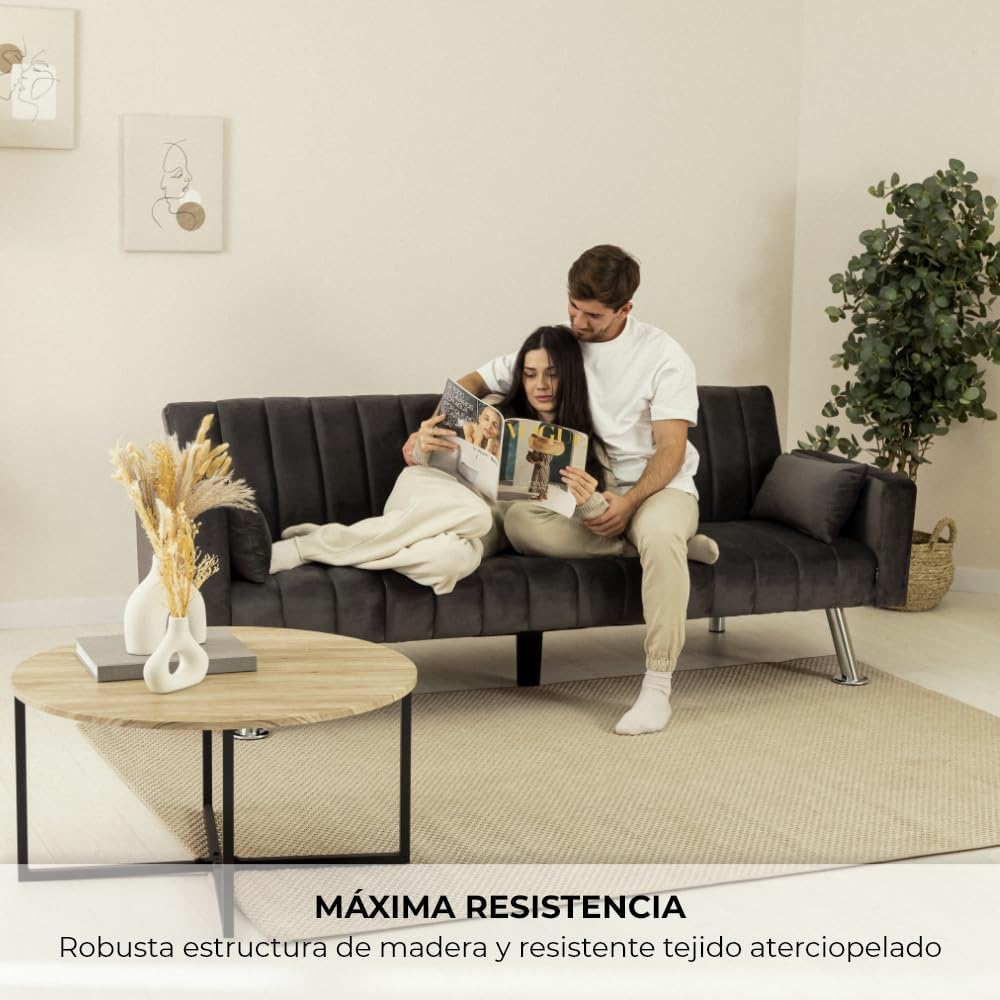 Nalui – Gepolstertes 3-Sitzer-Schlafsofa 210 x 80 x 79 cm, einlagig, 2 Kissen, Klick-Klack-Öffnungsmechanismus mit verstellbarer Rückenlehne. Samt-Chaiselongue-Schlafsofa, umwandelbar in ein Doppelbett | Beige