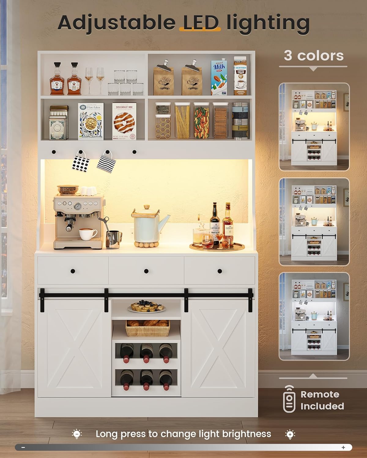 Küchenschrank, Küchen-Sideboard mit LED-Beleuchtung, Steckdosen, Buffet-Schrank, ausziehbarem Weinregal, 3 Schubladen, verstellbaren Einlegeböden, Küche, Wohnzimmer, Esszimmer, 103,5 x 40 x 180 cm, Schwarz