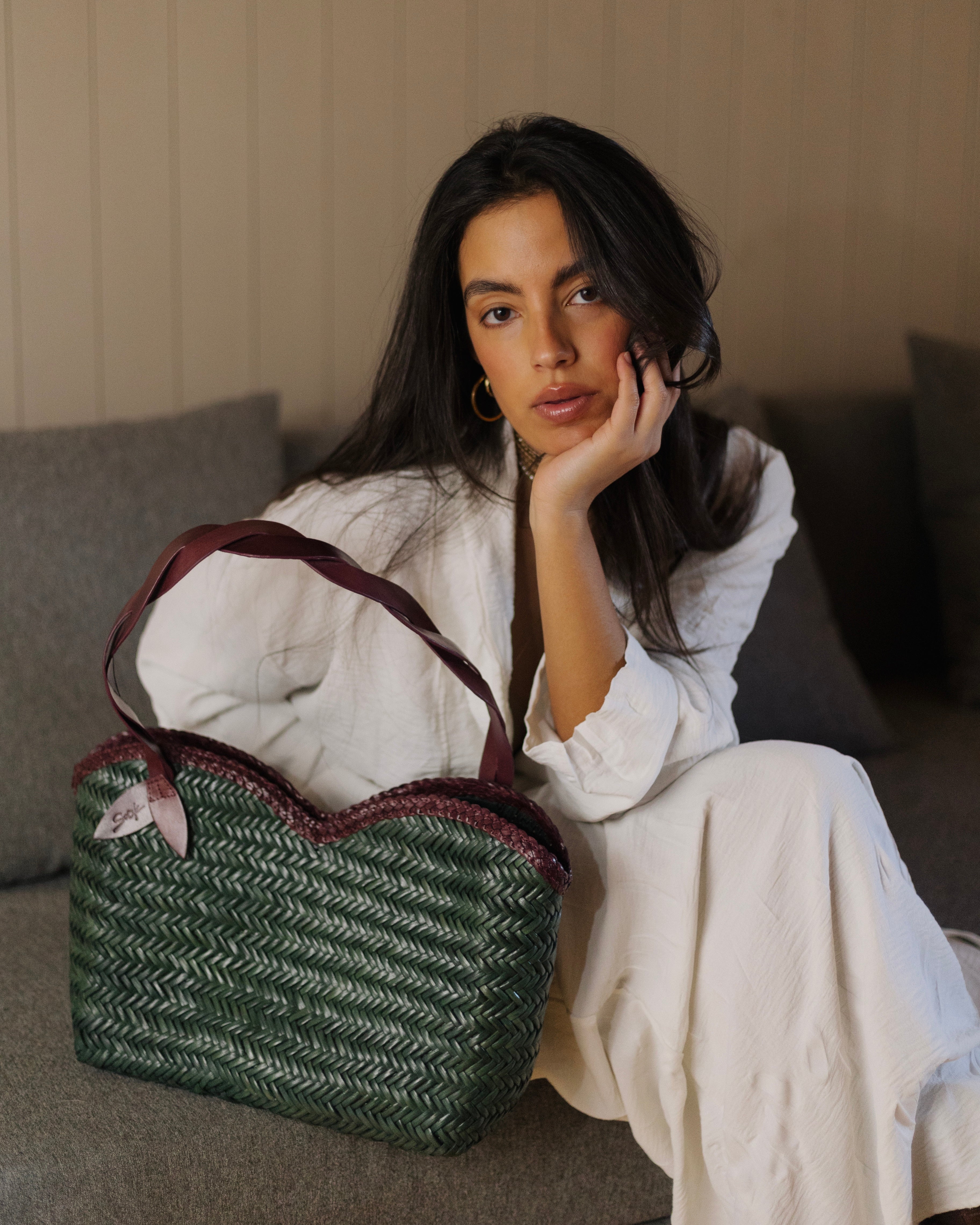 Léafa - Handwoven Leather Shoulder Bag | Burgundy & Green