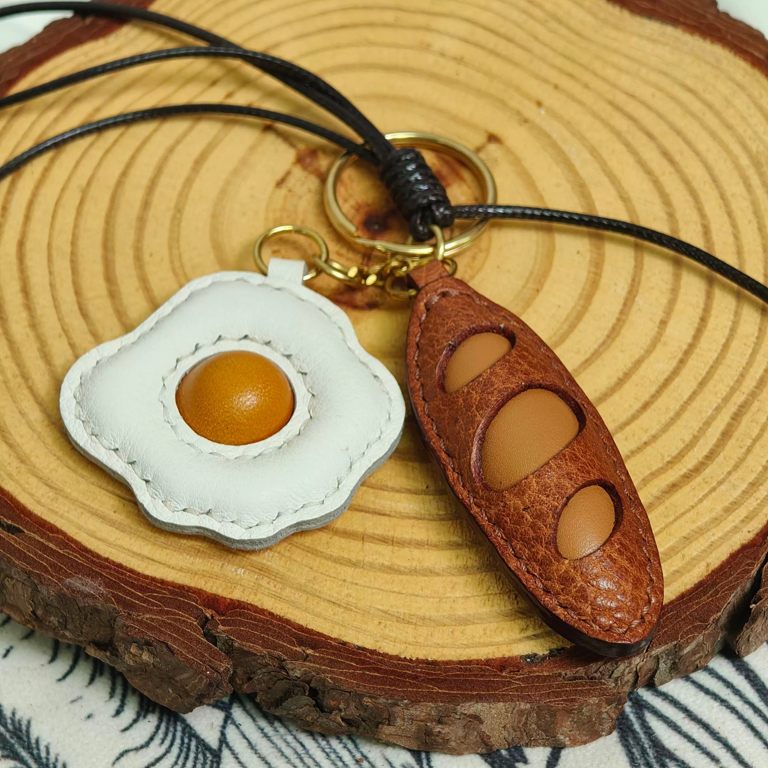 Egg and Bread Bag Charm - Handmade Full-Grain Leather