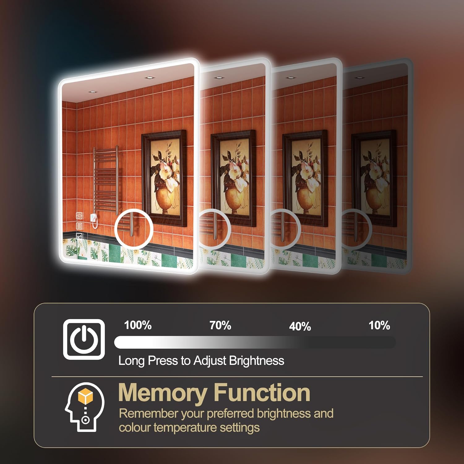 S'bagno badeværelsesspejl med lys 1200x700mm, IP44 - badeværelsesspejl med LED og Bluetooth, antidugfunktion / 3 lysfarver (3000K, 4000K, 6500K) / Dæmpbar / Memory, lodrette eller vandrette badeværelsesspejle med LED