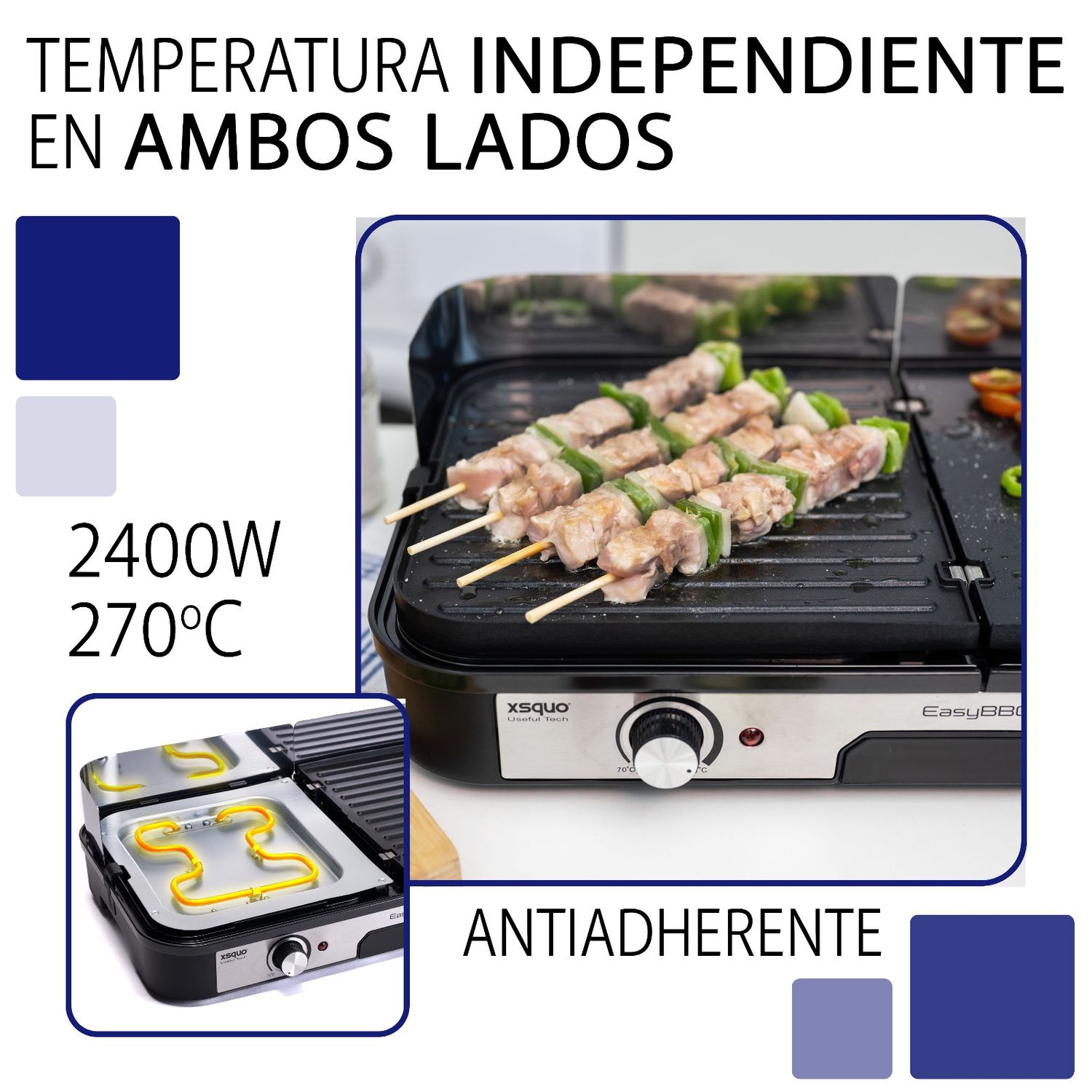 Easy BBQ Grill, Teppanyaki. Zwei unabhängige Kochzonen kombinieren Grill und Grillplatte, zwei wendbare und antihaftbeschichtete Aluminiumplatten mit zwei Thermostaten bis zu 270º.
