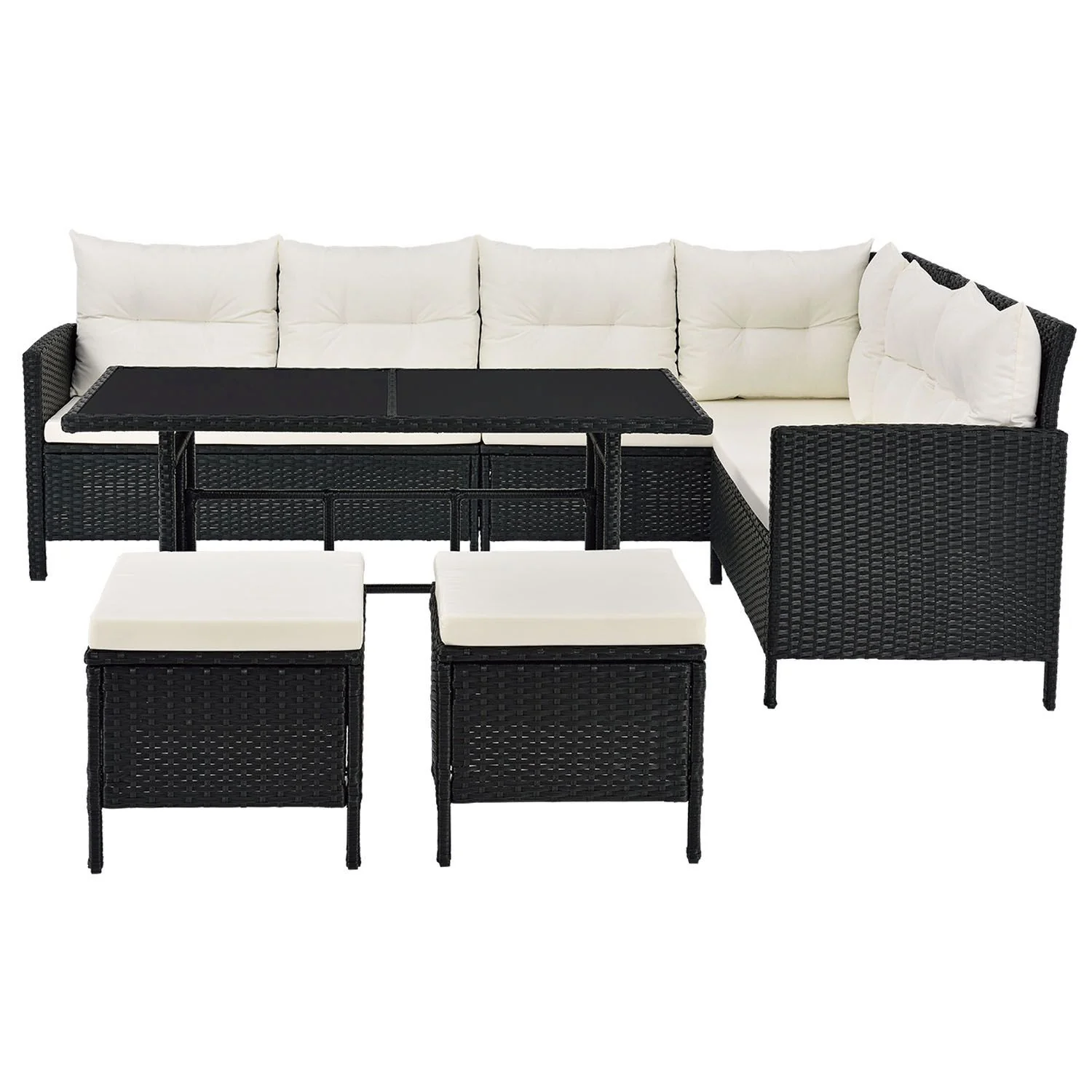 Ensemble de jardin Manacor 2025 en résine tissée noire avec table, 2 poufs et coussins gris foncé