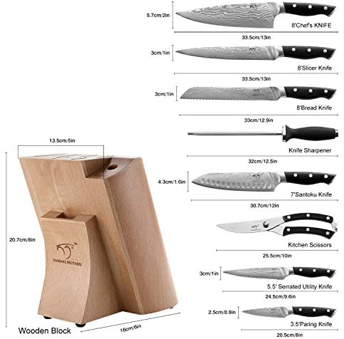 Damast-Küchenmesserset, 9-teilig mit Block, ergonomischem ABS-Griff für Kochmesser, Messerschärfer und Küchenschere, Block aus Buchenholz