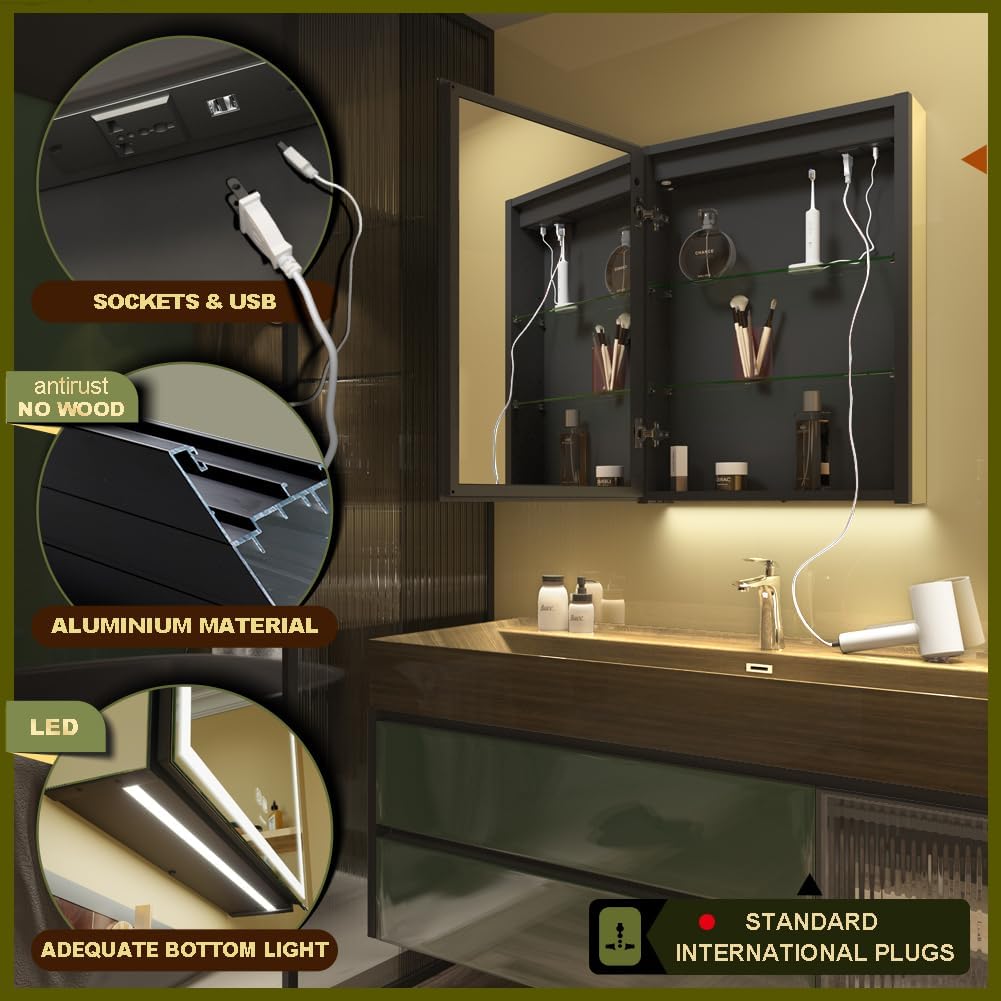 GANPE LED-belysning badeværelsesspejlskab med stik og USB, dugfrit aluminiumsskab og farvejustering, rustfri og nem at installere (50 x 70 cm)