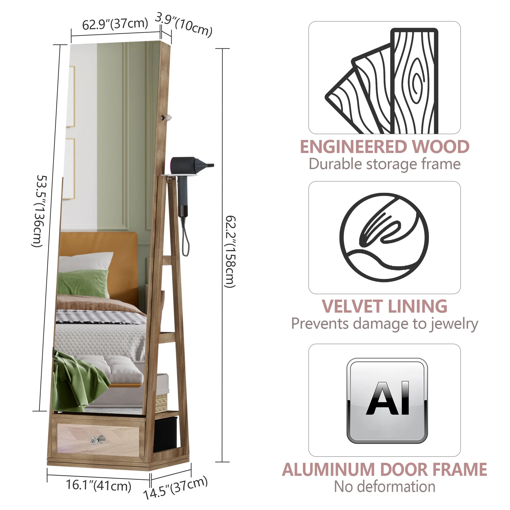 360° roterende smykkeskrin med spejl, LED-lys og lås – brun