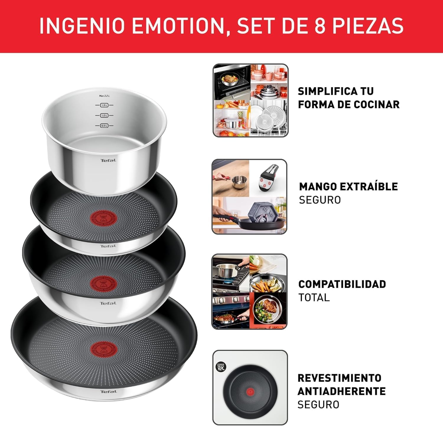 Tefal Ingenio Emotion Sæt med 3 stegepander 22/24/28 cm + 3 kasseroller 16/18/20 cm + gryderet 24 cm + wok 26 cm + 12 tilbehør | Induktionssikker, non-stick, tåler opvaskemaskine og ovn