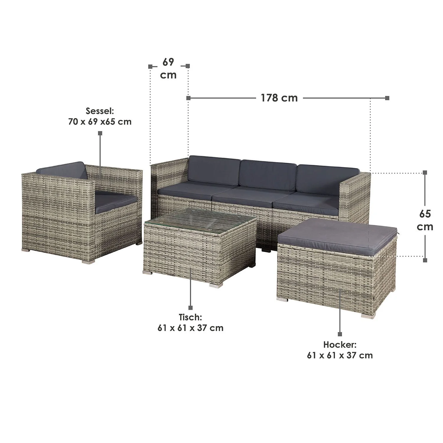 Ensemble de jardin en résine tressée Punta Cana M 2025, noir avec coussins gris