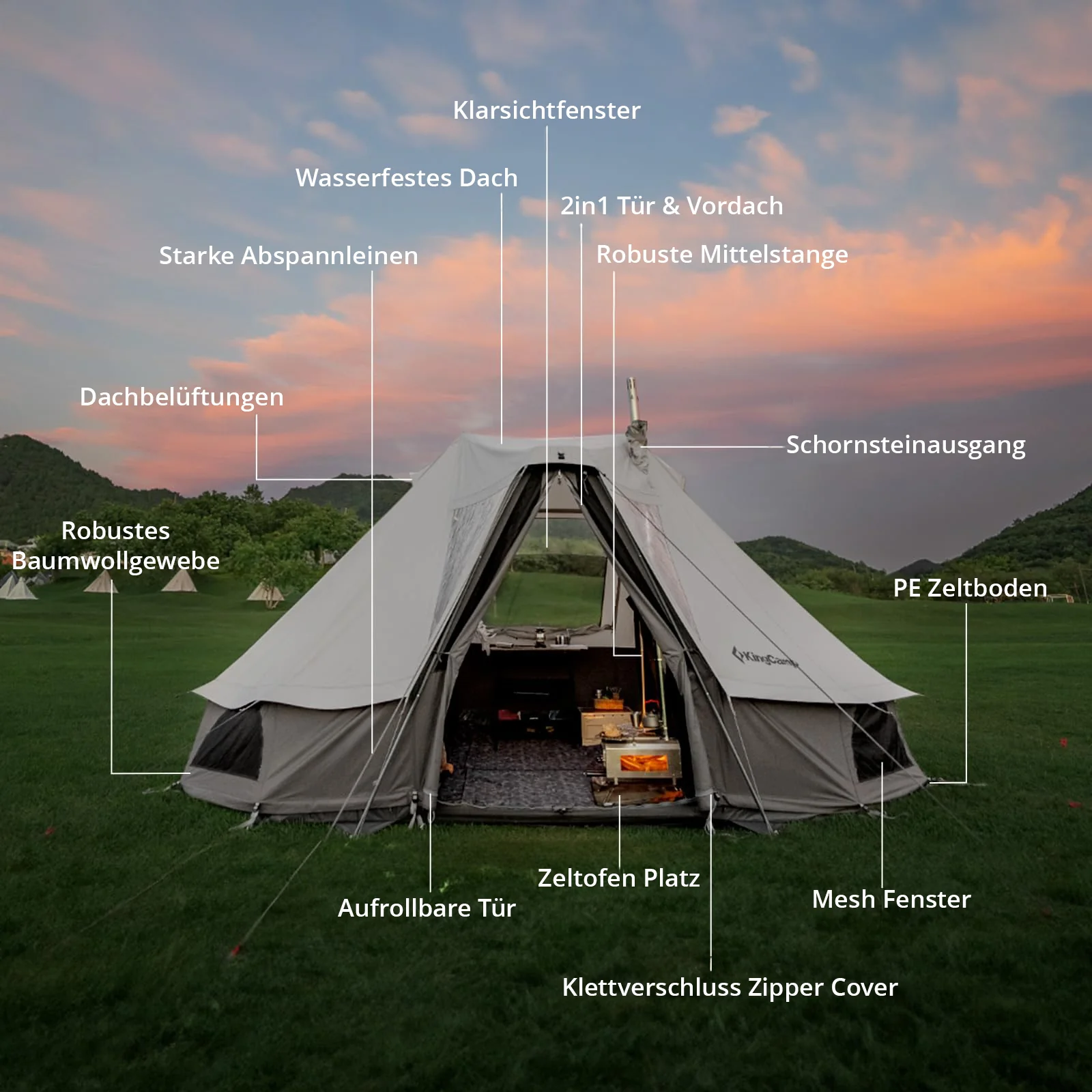 2025 KingCamp Khan Villa – Luxuriöses Glamping-Gruppenzelt mit 240 cm Innenhöhe, Kaminabzug und Seitenwänden aus Netzgewebe für optimale Belüftung