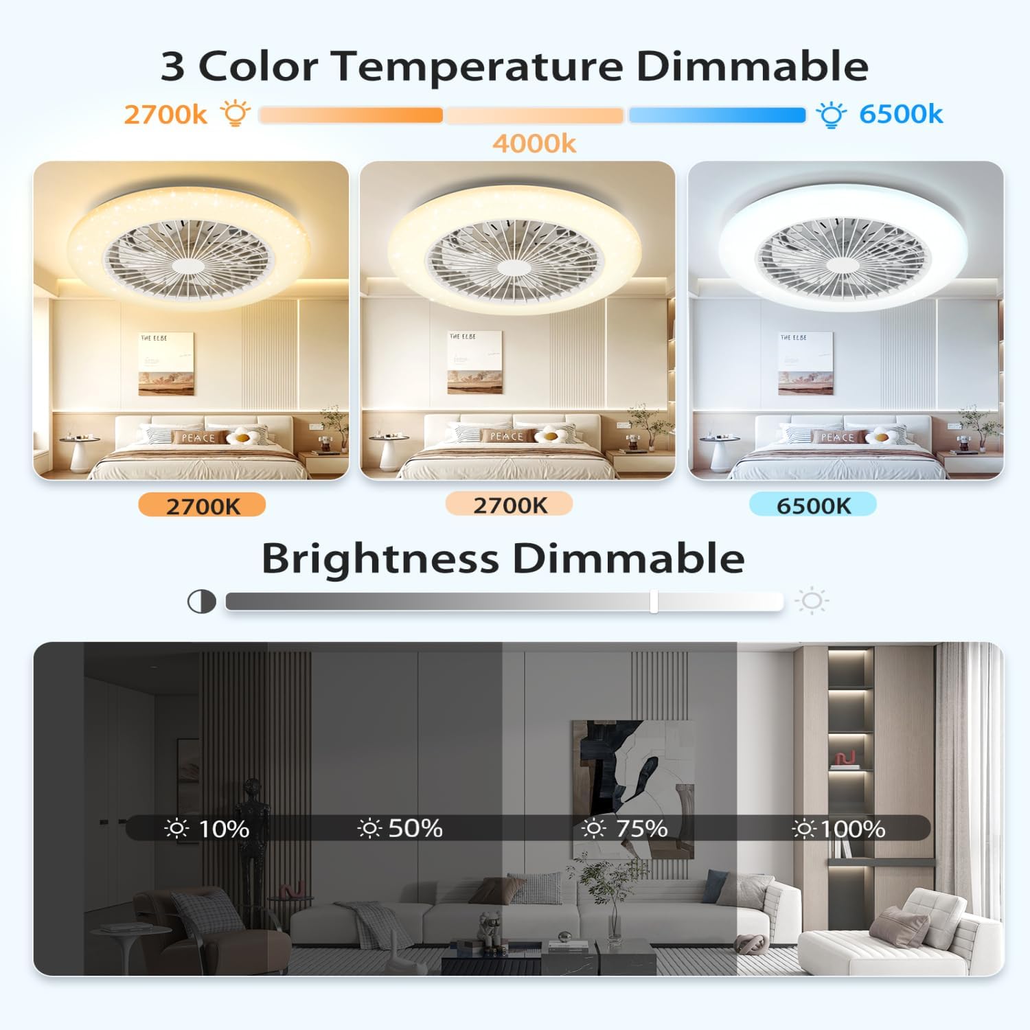 Aigostar - Ventilateur de plafond Alexa, lumière LED 40 W, 4 400 lm, 2 700 K-6 500 K et RGB à intensité variable, lampe de ventilateur de plafond intelligente avec télécommande et passerelle, silencieux, 6 vitesses, diamètre 50 cm, 2 unités