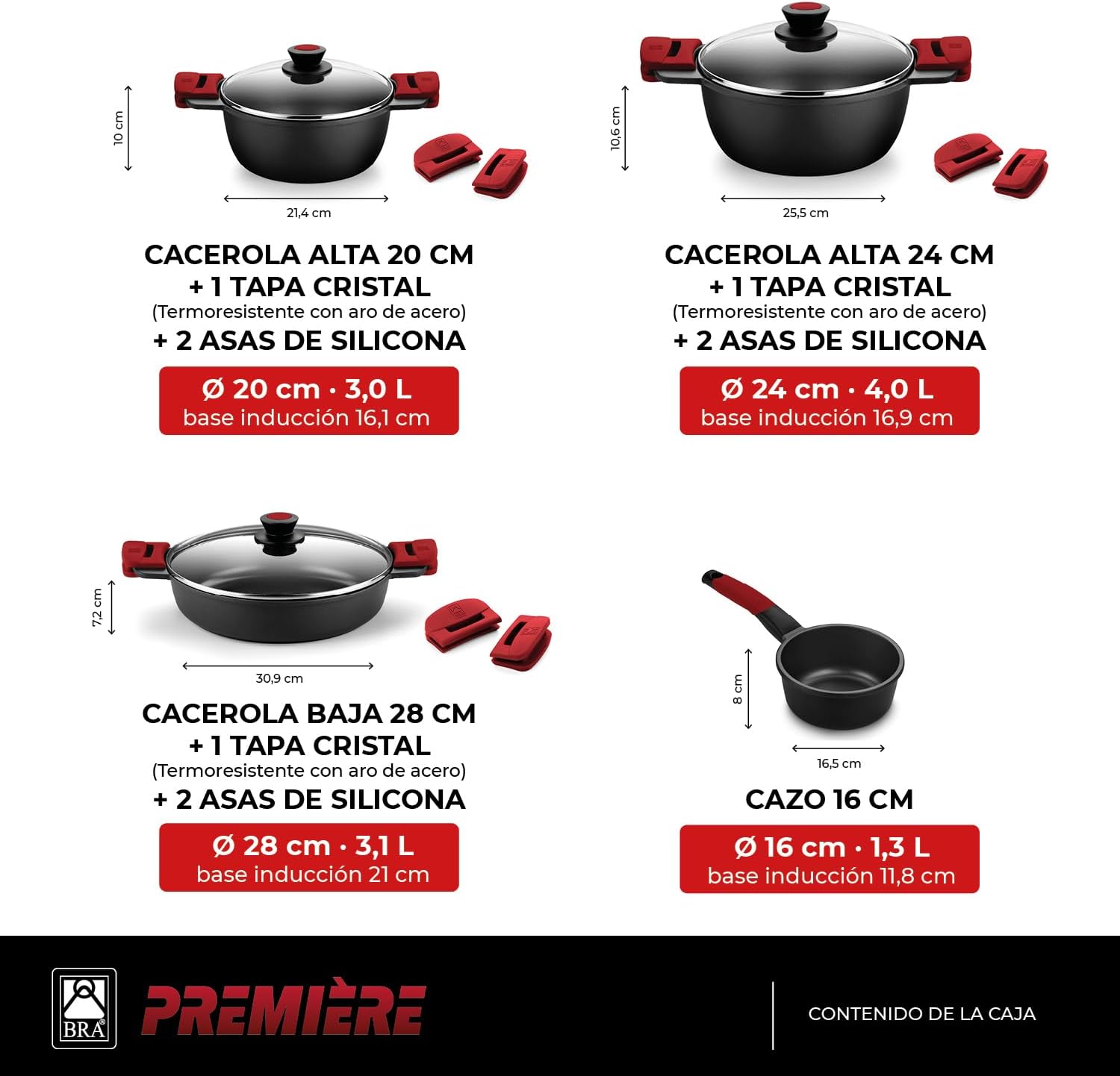 BRA Premiere 9-teiliges Antihaft-Kochgeschirr-Set aus Aluminiumguss, inklusive abnehmbarer Griffe, PFOA-frei, geeignet für alle Herdarten und Backöfen