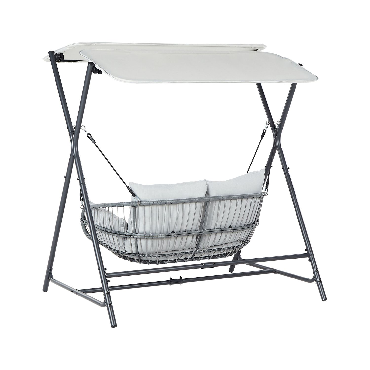 Moderne Gartenschaukel, Sitzfläche aus Polyester-Polyethylen mit Sonnendach, hellgraues Stahlgestell, Fiastra - Grau