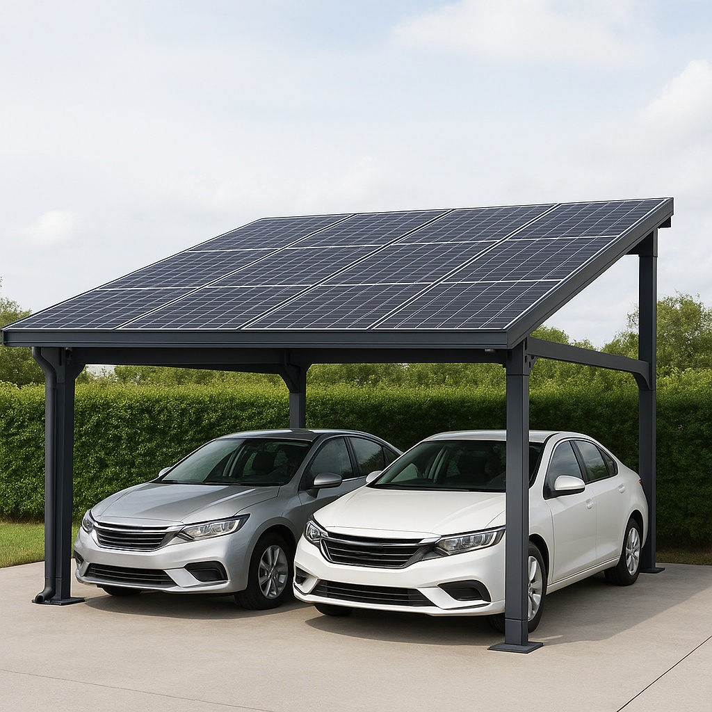 Garage double avec protection solaire, parking extérieur en aluminium anthracite, dimensions 512 x 340 x 277 cm