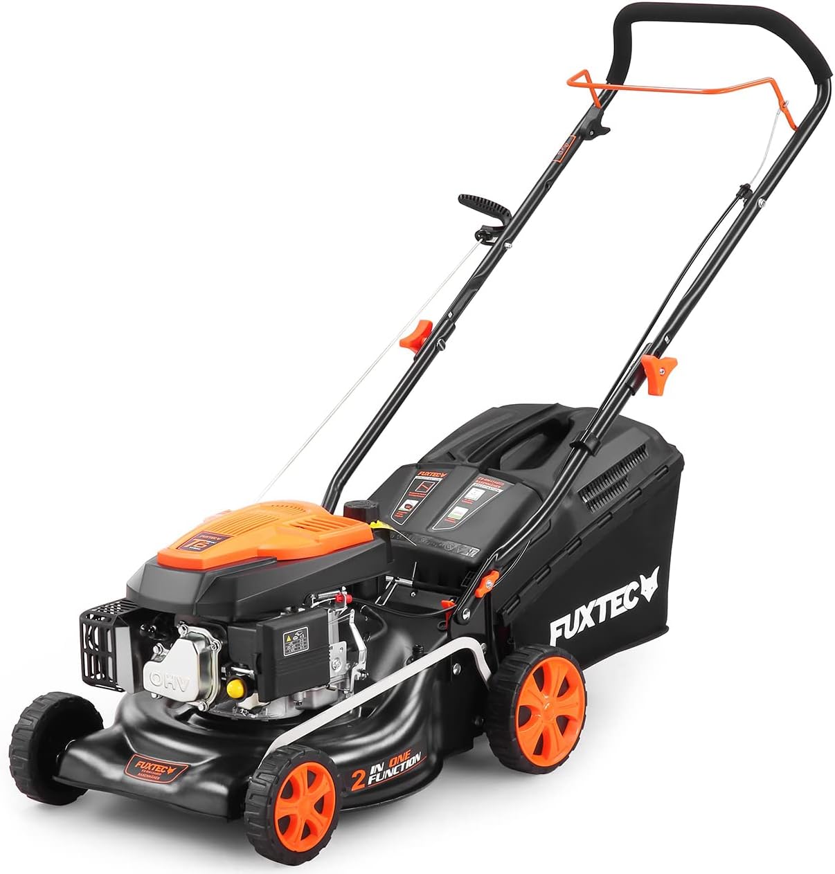 Tondeuse à gazon à essence FUXTEC FX-RM4646ECO, largeur de coupe de 46 cm, puissant moteur à essence de 146 cm³, nettoyage facile, 3 en 1, 2,6 kW, bac de ramassage mulching de 50 l.