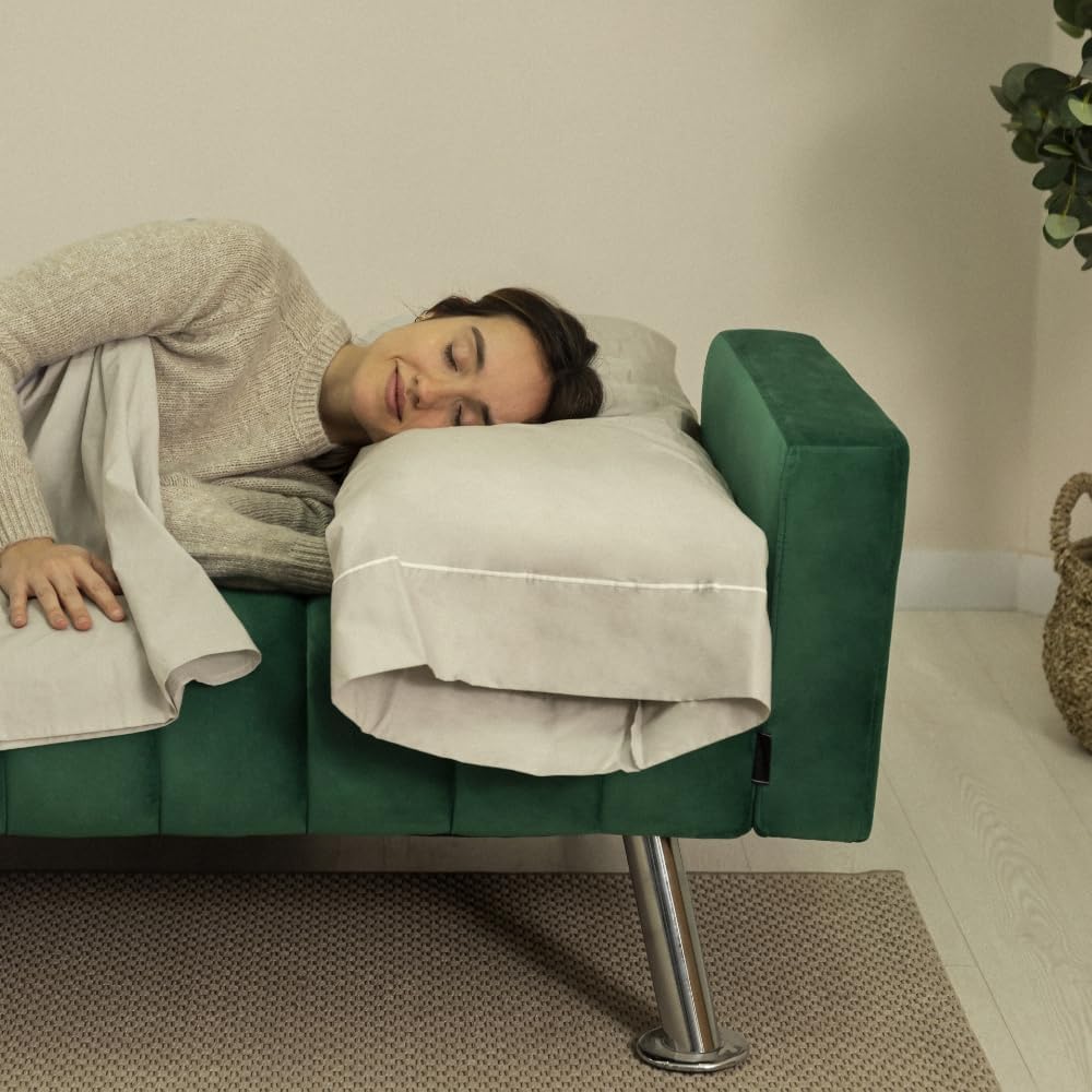 Nalui – Gepolstertes 3-Sitzer-Schlafsofa 210 x 80 x 79 cm, einlagig, 2 Kissen, Klick-Klack-Öffnungsmechanismus mit verstellbarer Rückenlehne. Samt-Chaiselongue-Schlafsofa, umwandelbar in ein Doppelbett | Beige