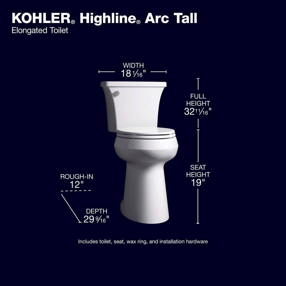 KOHLER Ekstra højt Highline Arc todelt toilet med enkelt skyl, 1,28 GPF. Aflangt. Hvidt (sæde inkluderet)
