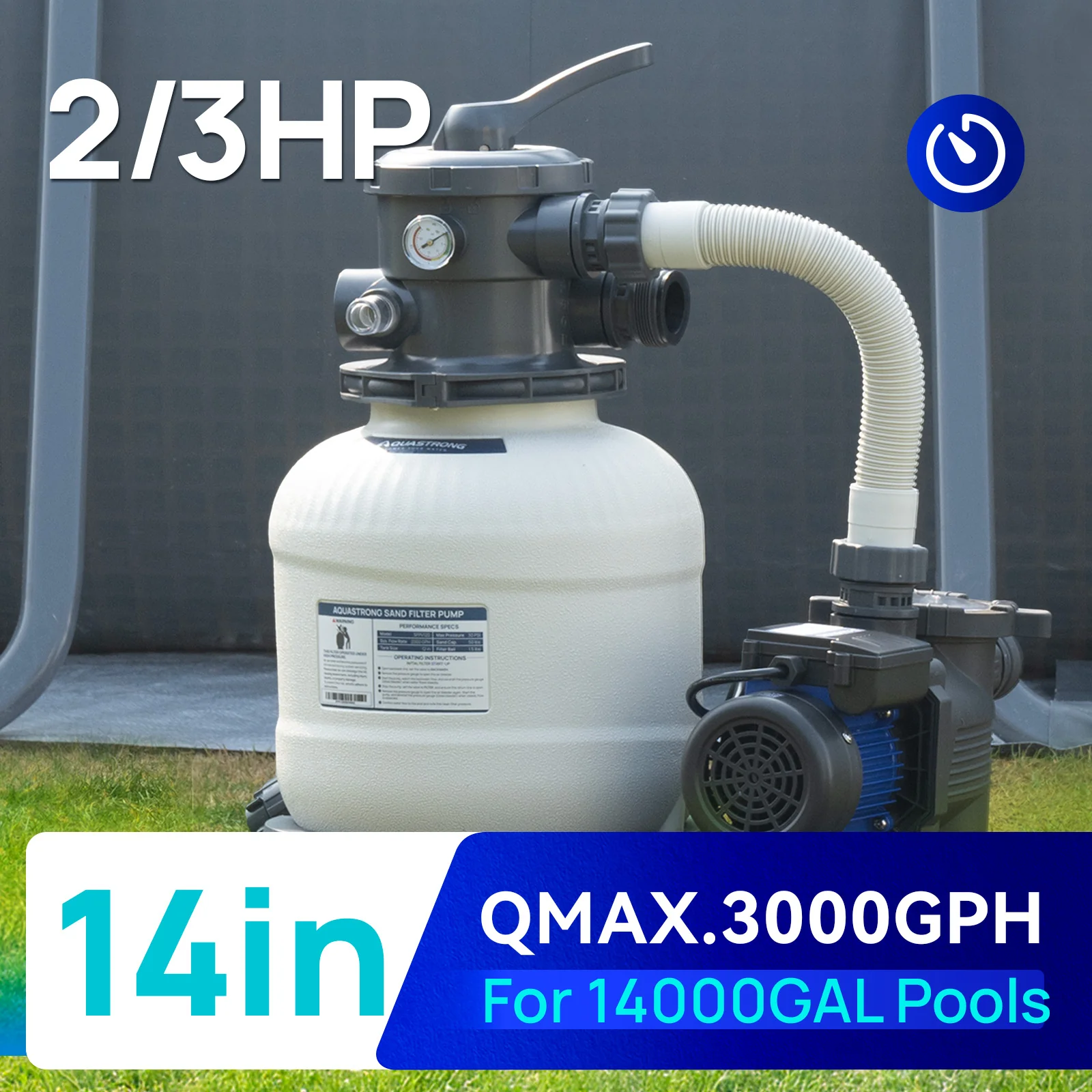 Pompes à filtre à sable 2025, 115 V. Puissance : 0,5 à 3 CV. Diamètre : 30 à 50 cm. Débit jusqu’à 33 400 l/h pour piscines jusqu’à 144 000 litres. Avec vanne à 6 voies.