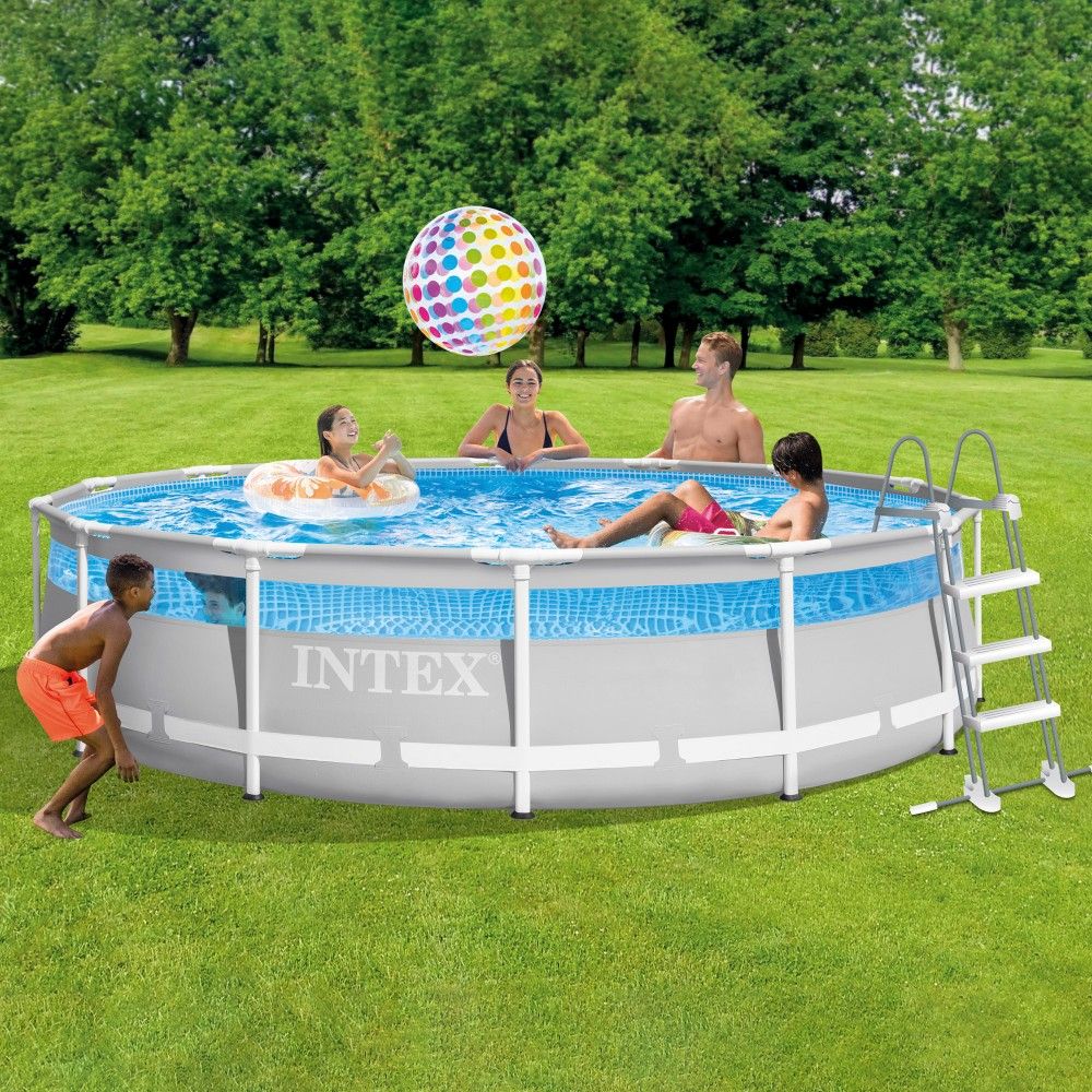 Intex 427x107cm Runder, röhrenförmiger PVC-Aufstellpool, Grau, mit Filterpumpe