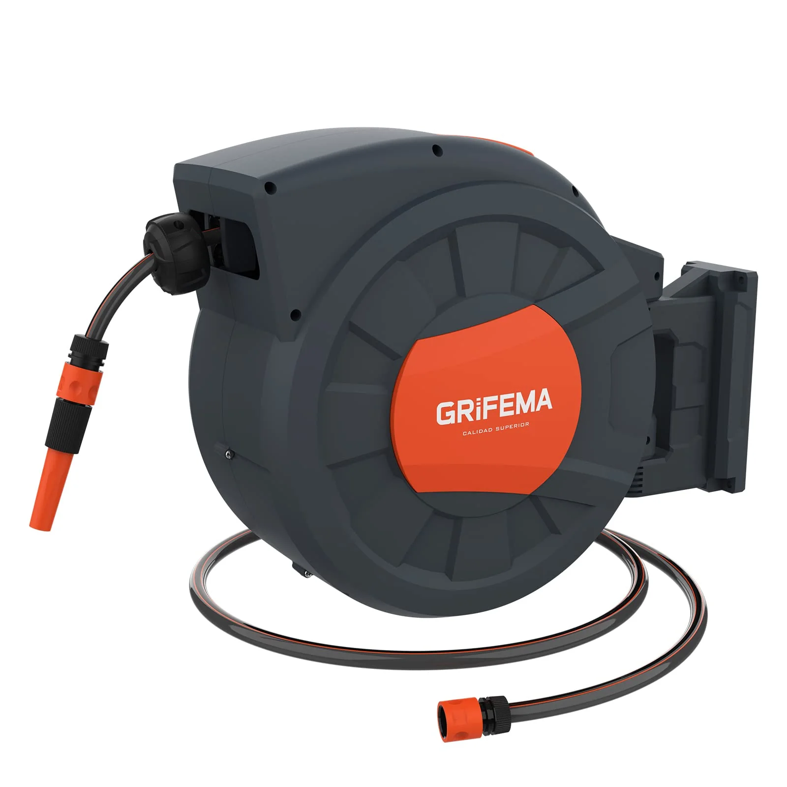 2025 GRIFEMA G301-35 Vægmonteret slangeopruller med 35 m + 2 m slange. 180° roterende boks. Automatisk oprulning med justerbar dyse.