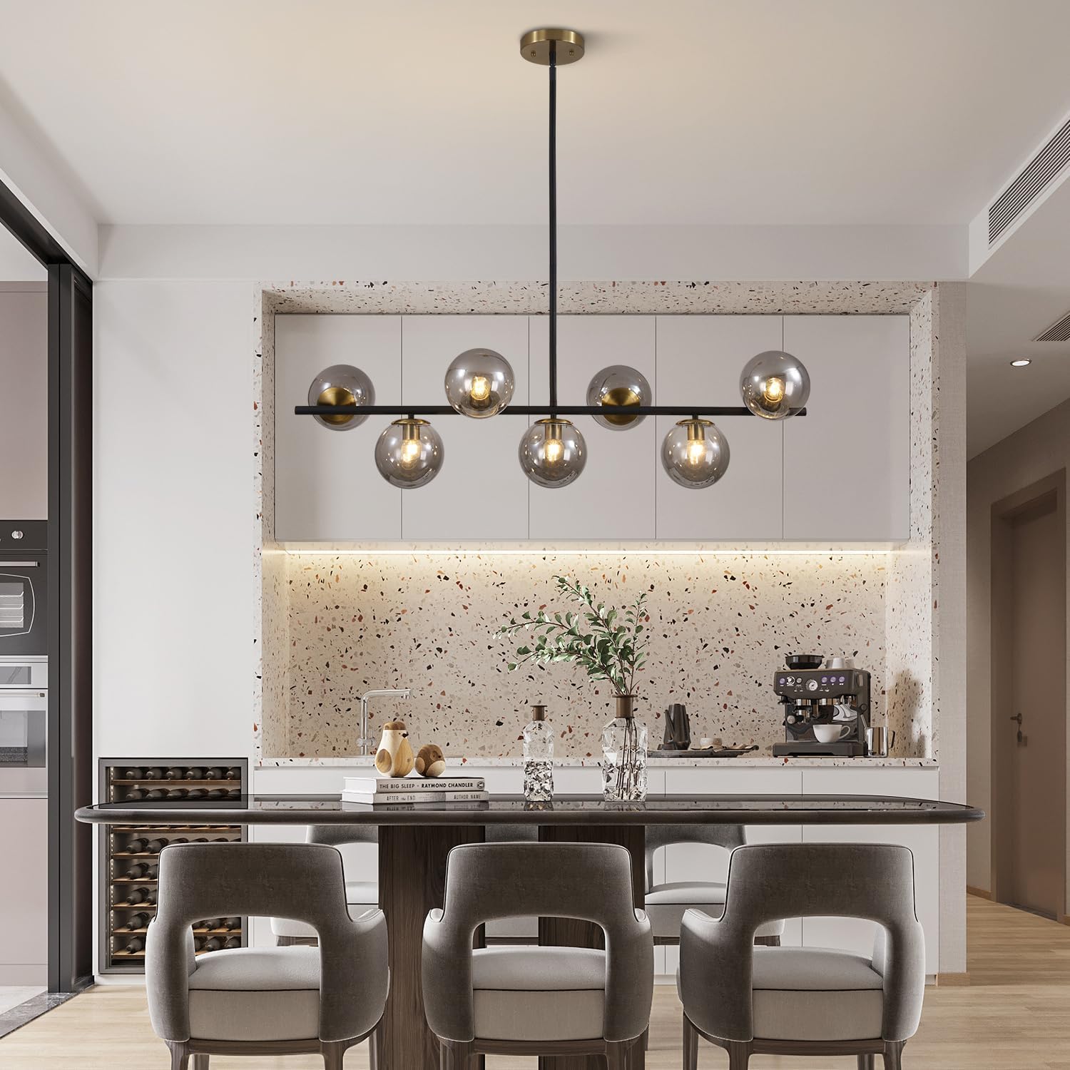 Moderne Esszimmerleuchte von KCO Lighting aus goldfarbenem Metall, Kücheninsel-Pendelleuchte aus weißem Glas, 7-flammig, E27, 80 cm höhenverstellbar