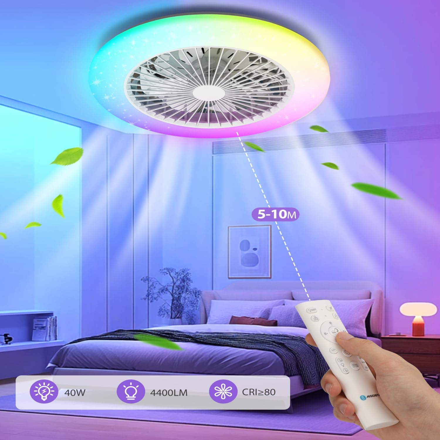 Aigostar - Ventilateur de plafond Alexa, lumière LED 40 W, 4 400 lm, 2 700 K-6 500 K et RGB à intensité variable, lampe de ventilateur de plafond intelligente avec télécommande et passerelle, silencieux, 6 vitesses, diamètre 50 cm, 2 unités