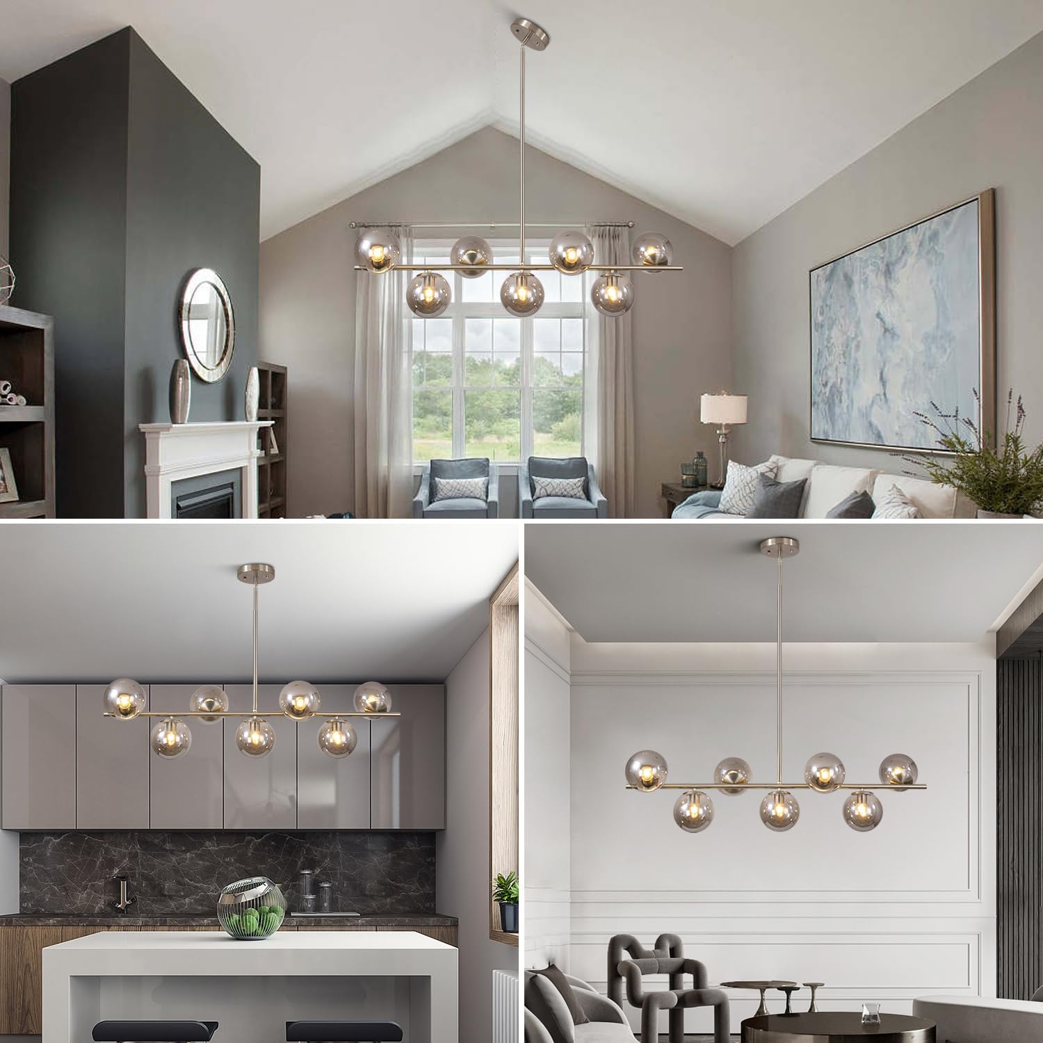 Moderne Esszimmerleuchte von KCO Lighting aus goldfarbenem Metall, Kücheninsel-Pendelleuchte aus weißem Glas, 7-flammig, E27, 80 cm höhenverstellbar