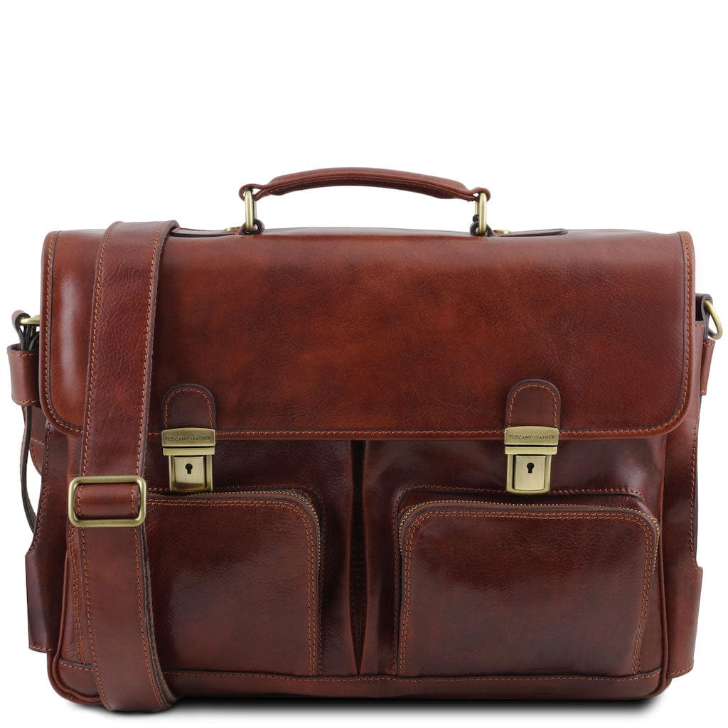 Ventimiglia - Leather multi compartment briefcase with front pockets | TL142069