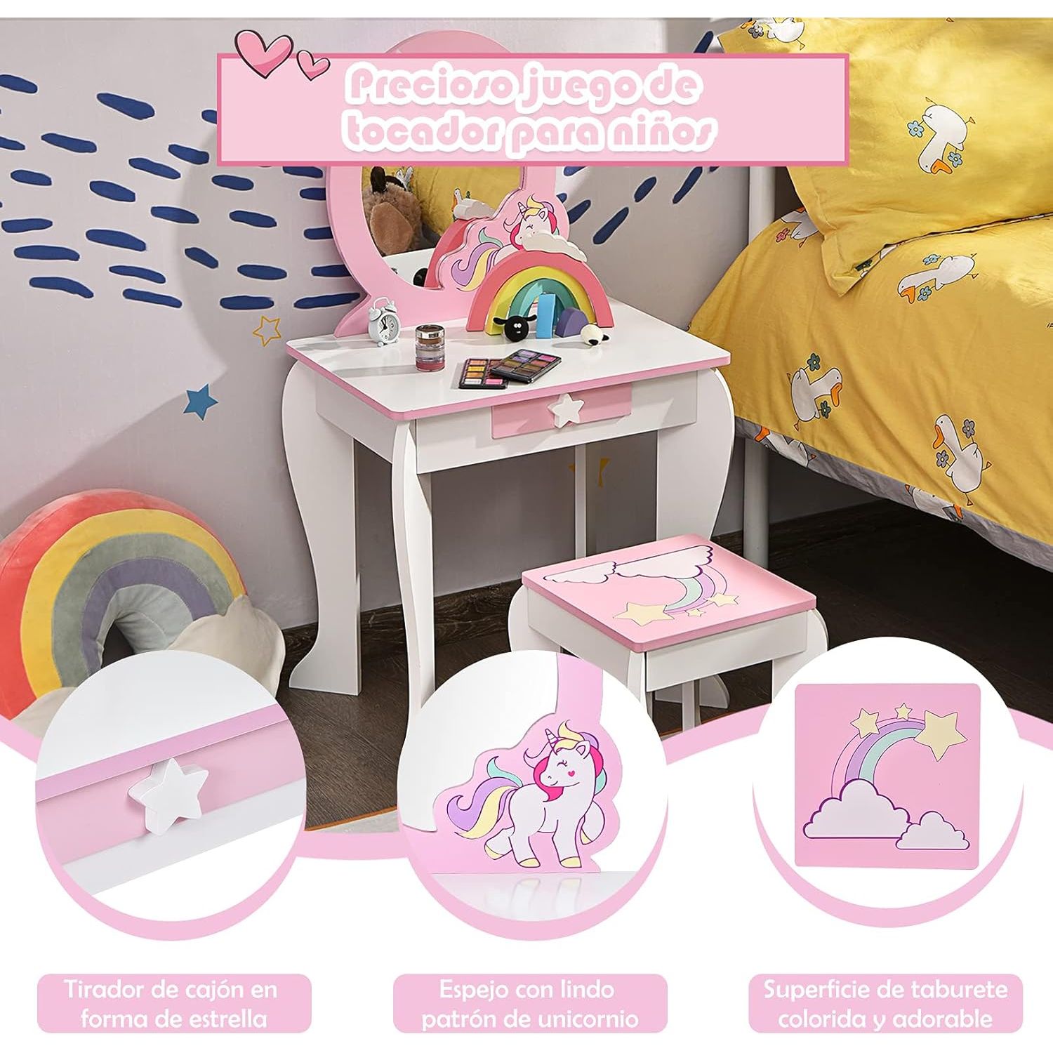 Kinderschminktisch mit Hocker und Spiegel, Costway Schminktisch 49 x 34 x 90 cm