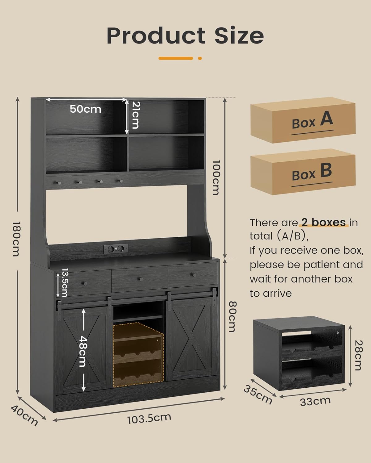 Küchenschrank, Küchen-Sideboard mit LED-Beleuchtung, Steckdosen, Buffet-Schrank, ausziehbarem Weinregal, 3 Schubladen, verstellbaren Einlegeböden, Küche, Wohnzimmer, Esszimmer, 103,5 x 40 x 180 cm, Schwarz
