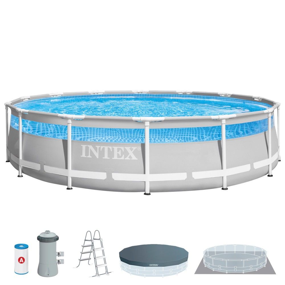 Intex 427x107cm Runder, röhrenförmiger PVC-Aufstellpool, Grau, mit Filterpumpe