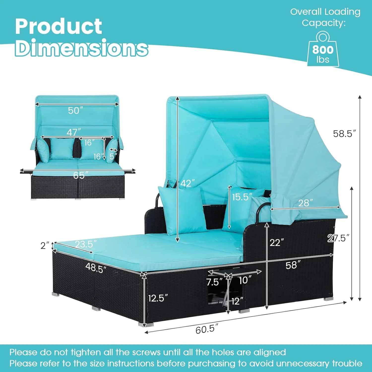 RELAX4LIFE udendørs haveseng med baldakin. Vævet harpiks liggestol med hynder. 4 puder og 2 udtrækkelige sidebakker. Loungeseng til 2 personer til pool, veranda, have. Rattan udendørs seng (turkis)