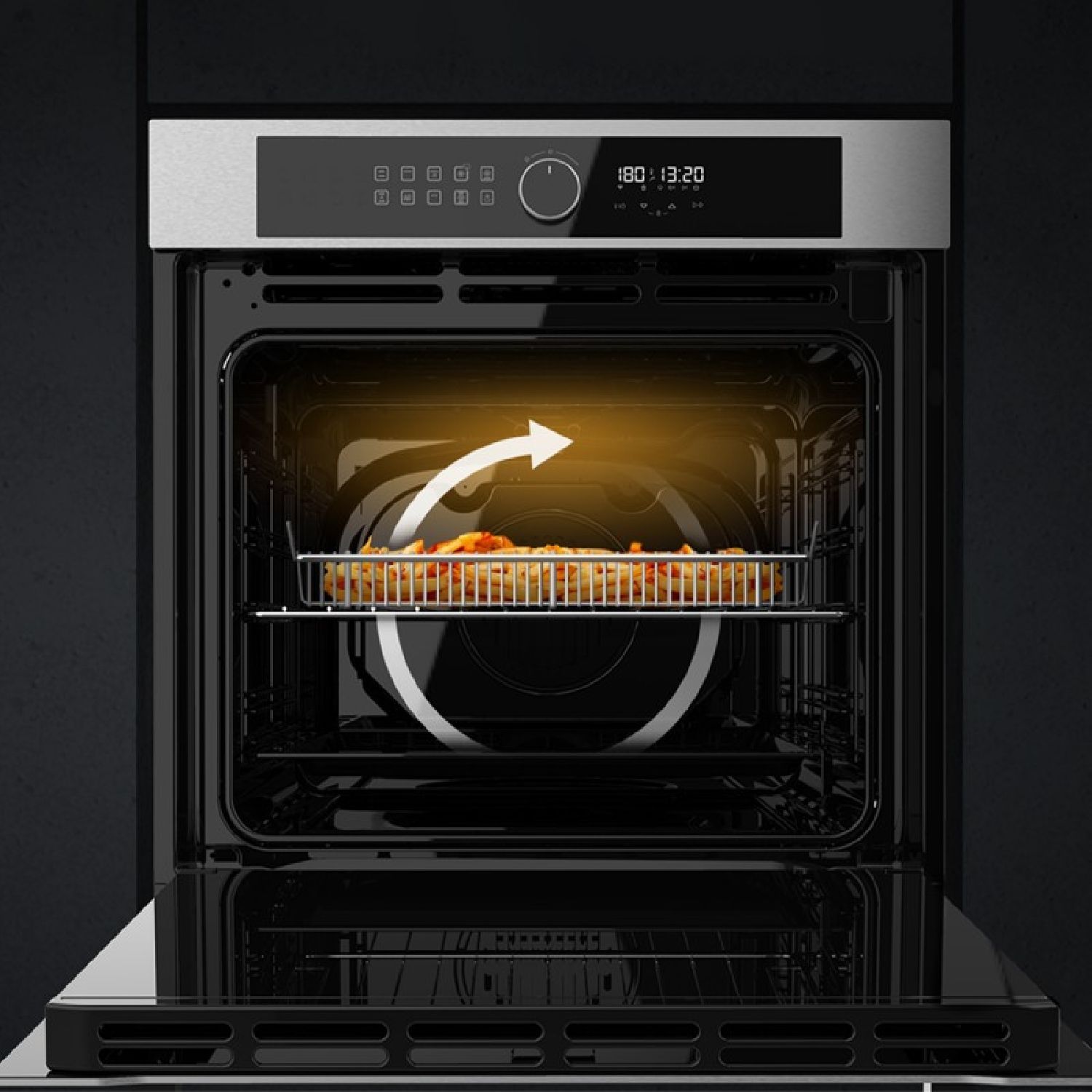 Einbau-Heißluftfritteuse aus Edelstahl mit 72 Litern Fassungsvermögen und 11 Funktionen, darunter Airfryer Master, Pizza Master, Dampfgarhilfe und Dampf-Easyclea.