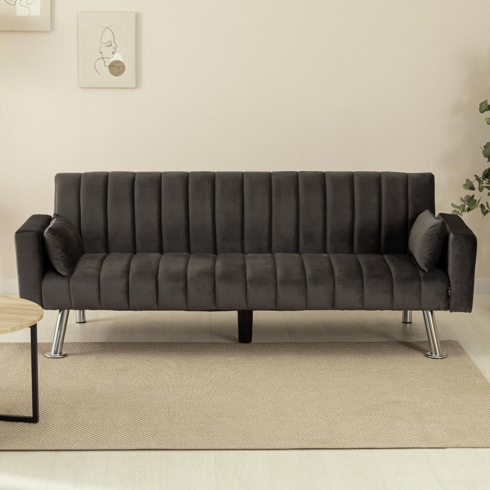 Nalui – Gepolstertes 3-Sitzer-Schlafsofa 210 x 80 x 79 cm, einlagig, 2 Kissen, Klick-Klack-Öffnungsmechanismus mit verstellbarer Rückenlehne. Samt-Chaiselongue-Schlafsofa, umwandelbar in ein Doppelbett | Beige